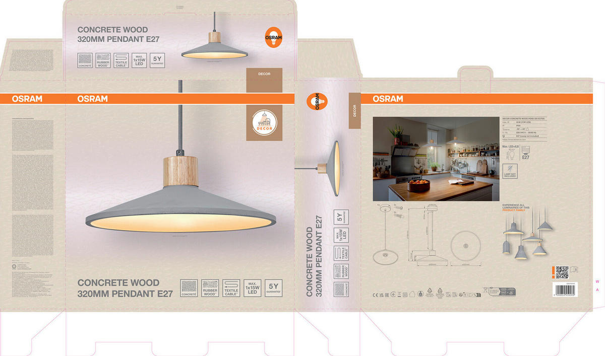 HÄNGELEUCHTE 32/116.50 cm  - Dunkelgrau/Naturfarben, Basics, Holz/Stein (32/116.50cm) - Osram