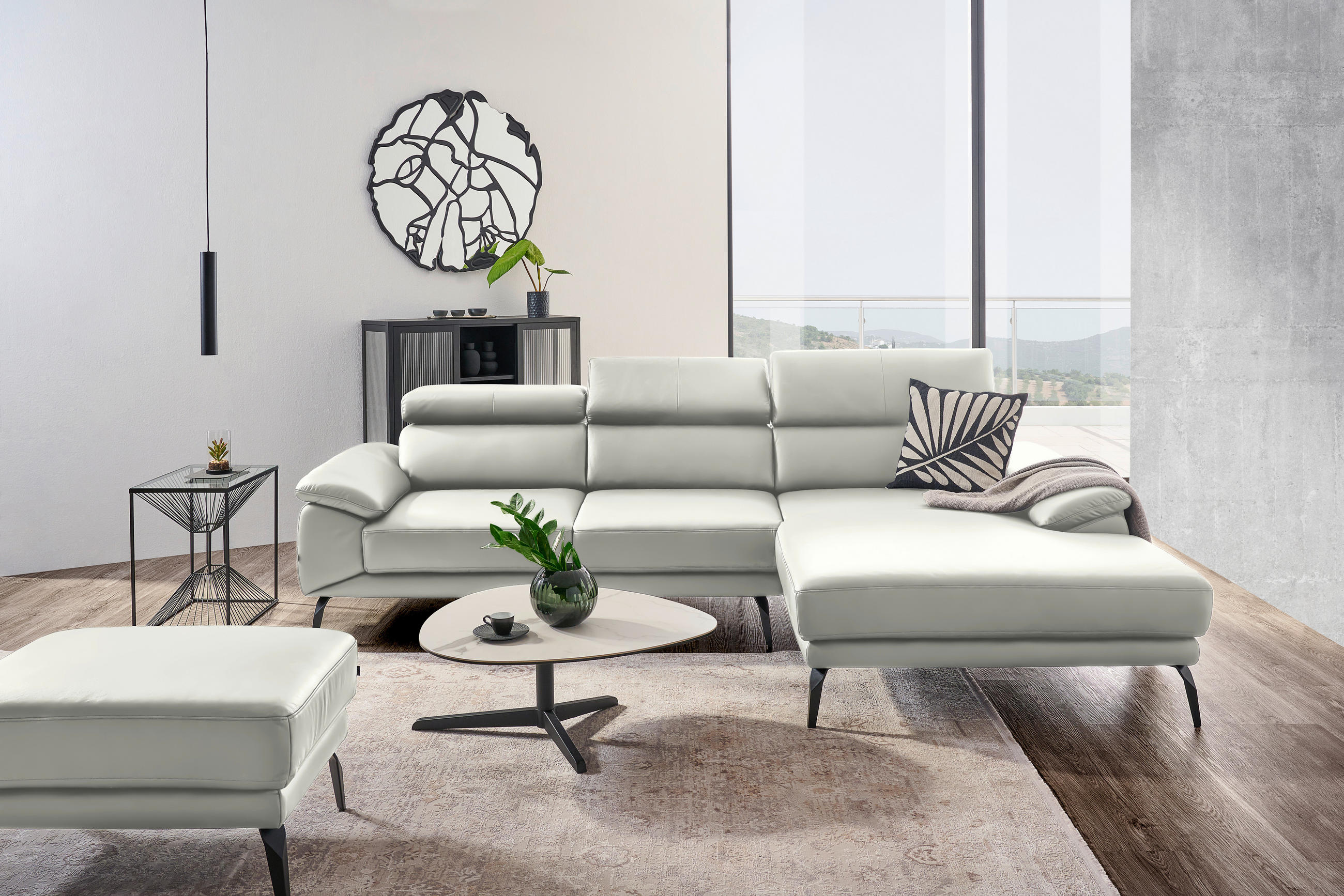 ECKSOFA in Echtleder Weiss  - Weiss/Schwarz, Design, Leder/Metall (295/187cm) - Novel