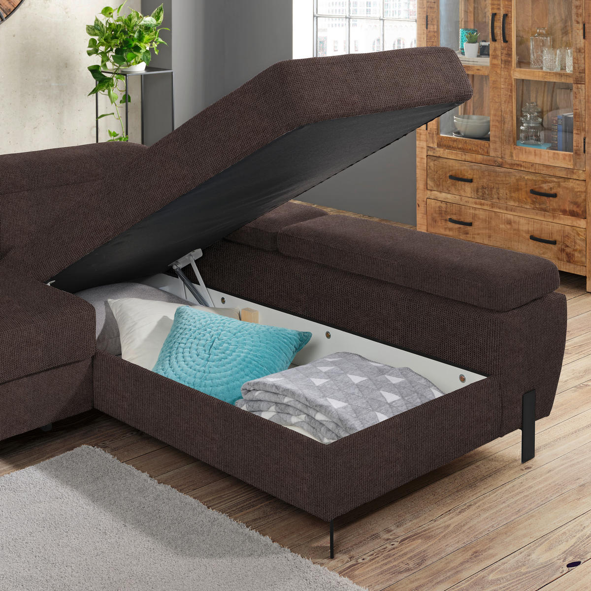 HÖRNSOFFA i vävt tyg mörkbrun  - svart/mörkbrun, Modern, metall/trämaterial (277/90/189cm) - MID.YOU