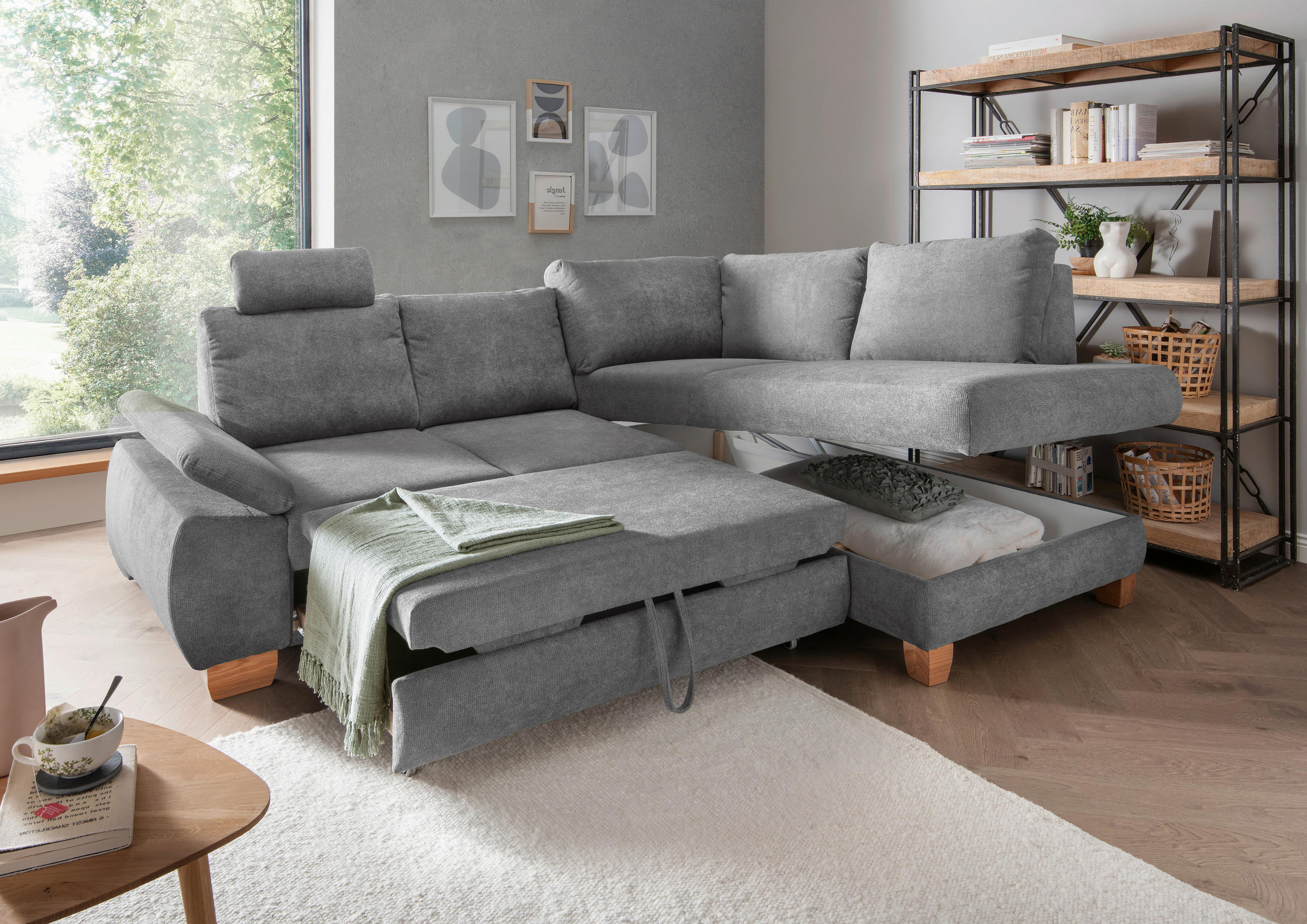 ECKSCHLAFSOFA Chenille Dunkelgrau  - Wildeiche/Dunkelgrau, MODERN, Holz/Textil (261/206cm) - Livetastic