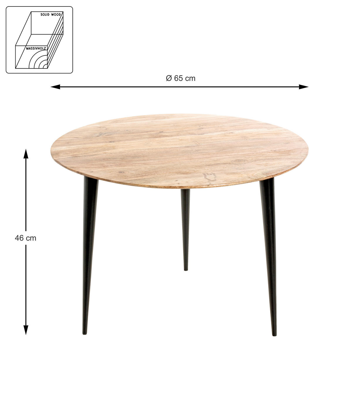 BEISTELLTISCH 65/65/46 cm Akazie massiv Schwarz, Akaziefarben rund  - Schwarz/Akaziefarben, KONVENTIONELL, Holz/Metall (65/65/46cm)