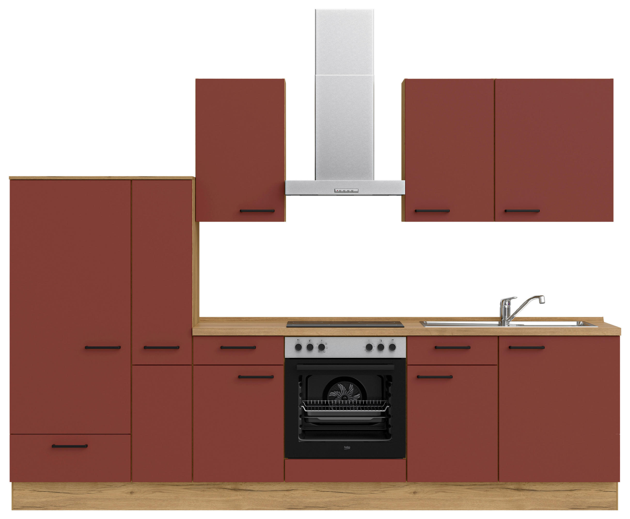 KÜCHENLEERBLOCK 300 cm   in Rot, Eichefarben  - Eichefarben/Rot, MODERN, Holzwerkstoff/Metall (300cm) - Nobilia