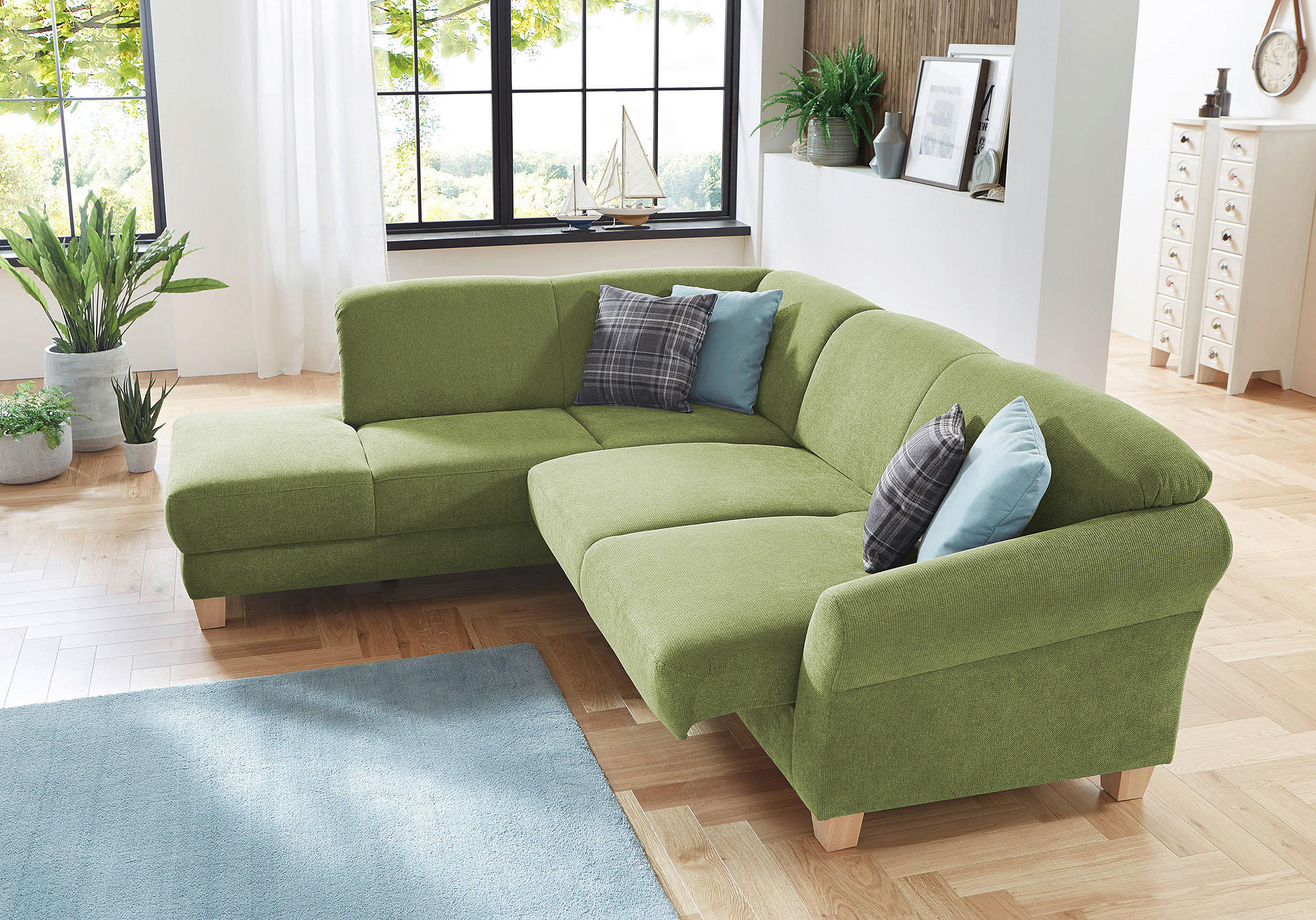 Thumbnail - Sit & More Ecksofa, Grün, Textil, Buche, 6-Sitzer, Ottomane links, L-Form, 257x212 cm, Goldenes M, Oeko-Tex® Standard 10...