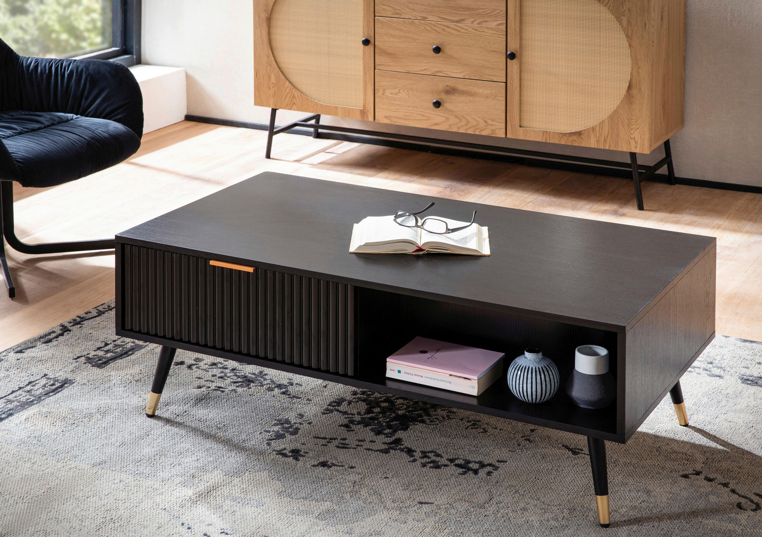 KONFERENČNÍ STOLEK, černá, kompozitní dřevo, 110/60/43 cm - měděné barvy/černá, Design, kov/kompozitní dřevo (110/60/43cm) - MID.YOU