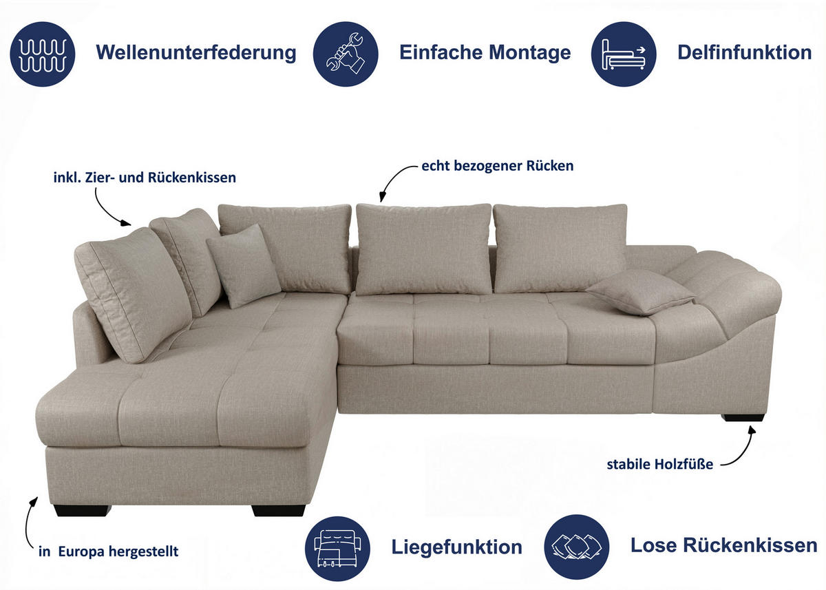ECKSCHLAFSOFA in Weiss Textil   - Weiss/Schwarz, Modern, Holz/Textil (298/202cm) - MID.YOU