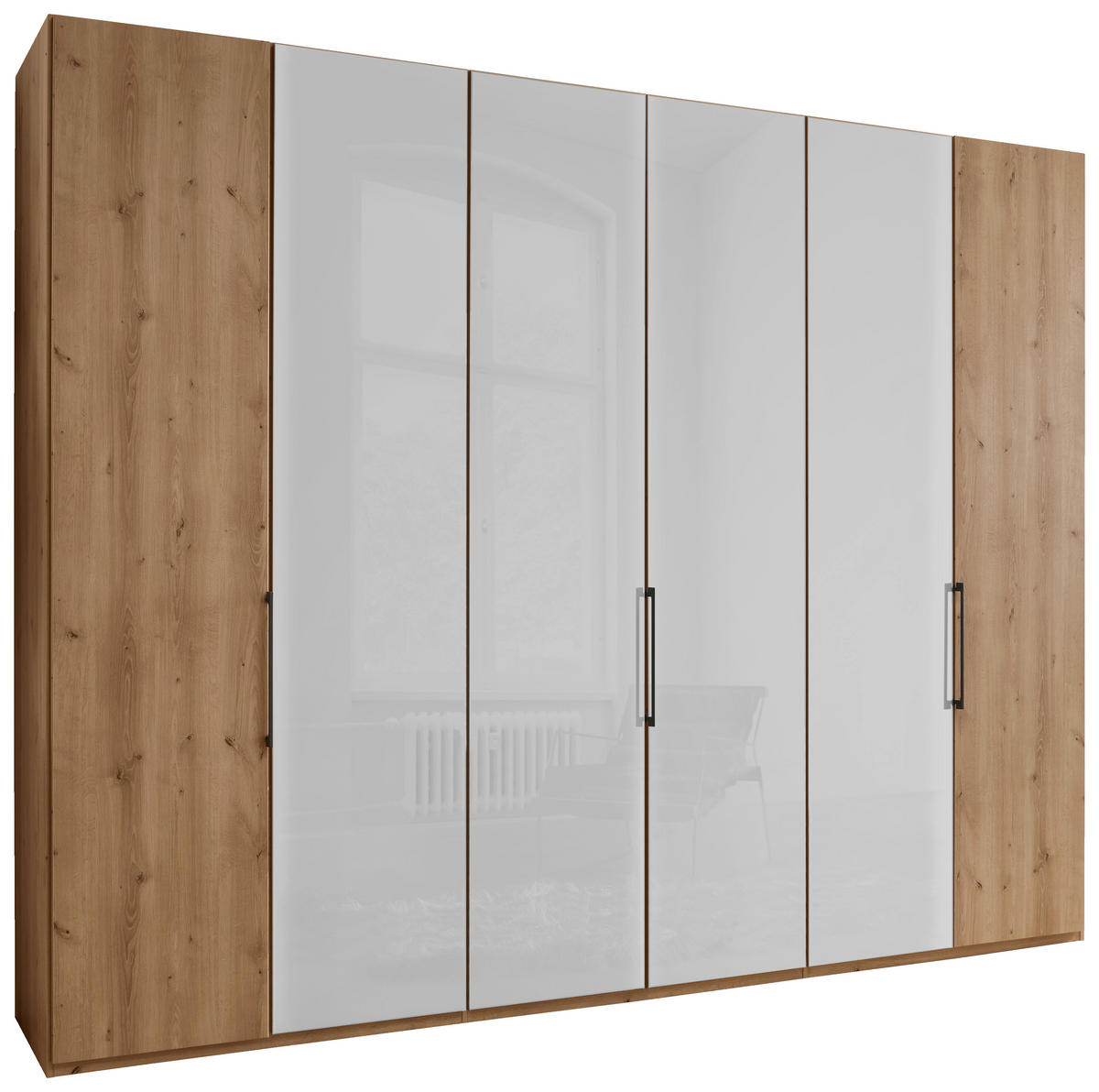 FALTTÜRENSCHRANK 300/236/58 cm 6-türig Weiß, Eiche Bianco  - Schieferfarben/Eiche Bianco, KONVENTIONELL, Glas/Holzwerkstoff (300/236/58cm) - Dieter Knoll