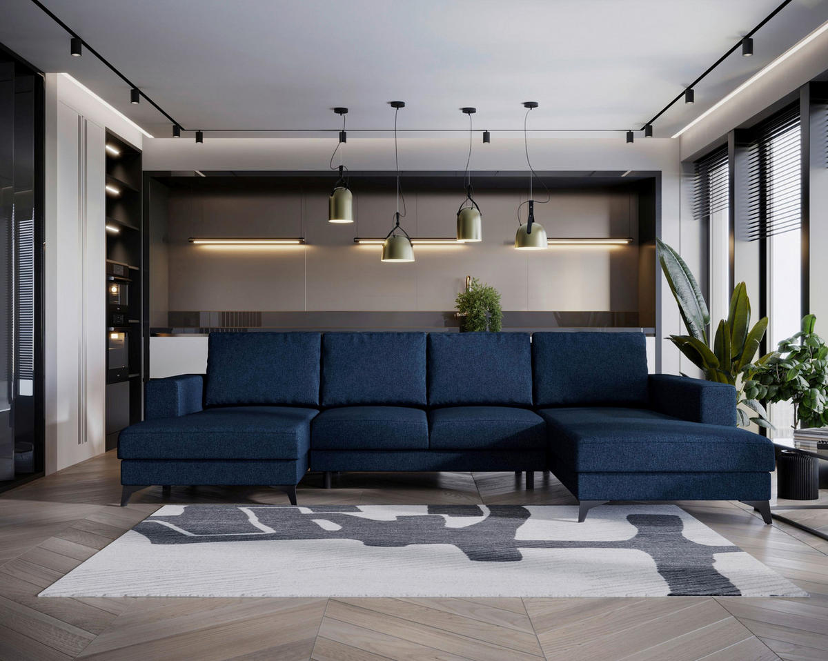 WOHNLANDSCHAFT  in Flachgewebe Blau  - Blau/Schwarz, Design, Textil/Metall (156/339/190cm) - Livetastic