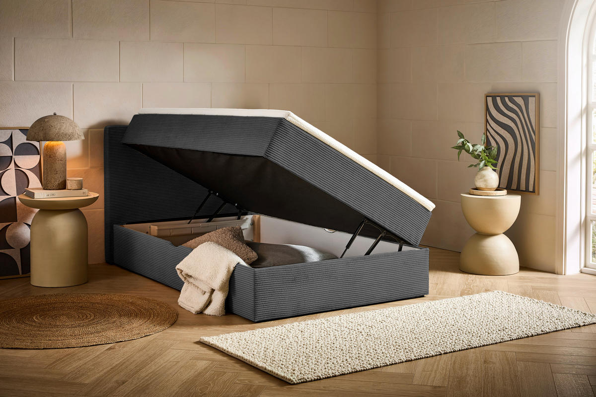 BOXBETT 120/200 cm,  in Anthrazit, Kissen, Bettkasten, Topper, H3 = fest  - Anthrazit/Schwarz, Design, Kunststoff/Textil (120/200cm) - Chameo