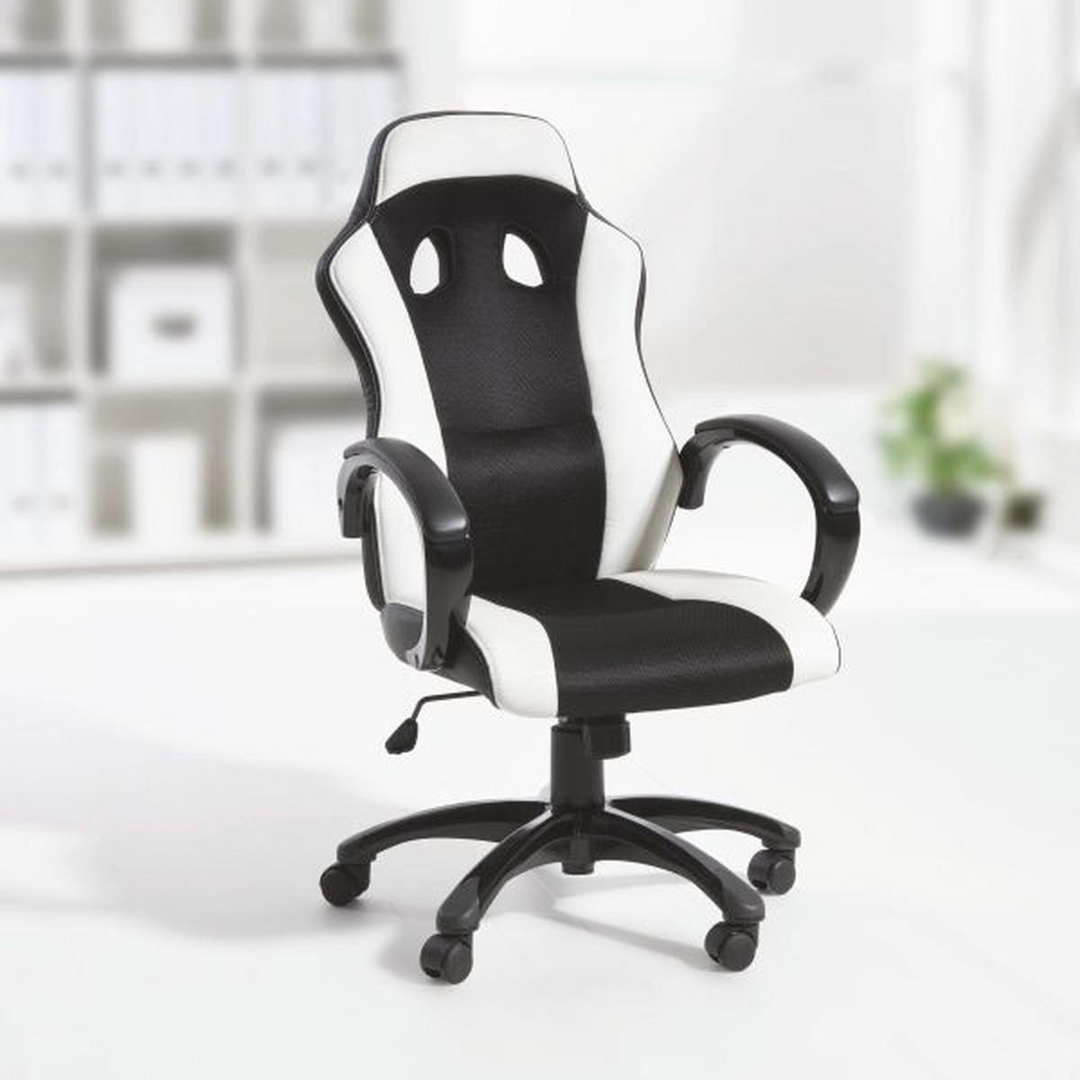 GAMING STOL kovina, umetna masa, tekstil črna, bela  - črna/bela, Design, kovina/umetna masa (61/110-120/66cm) - Xora