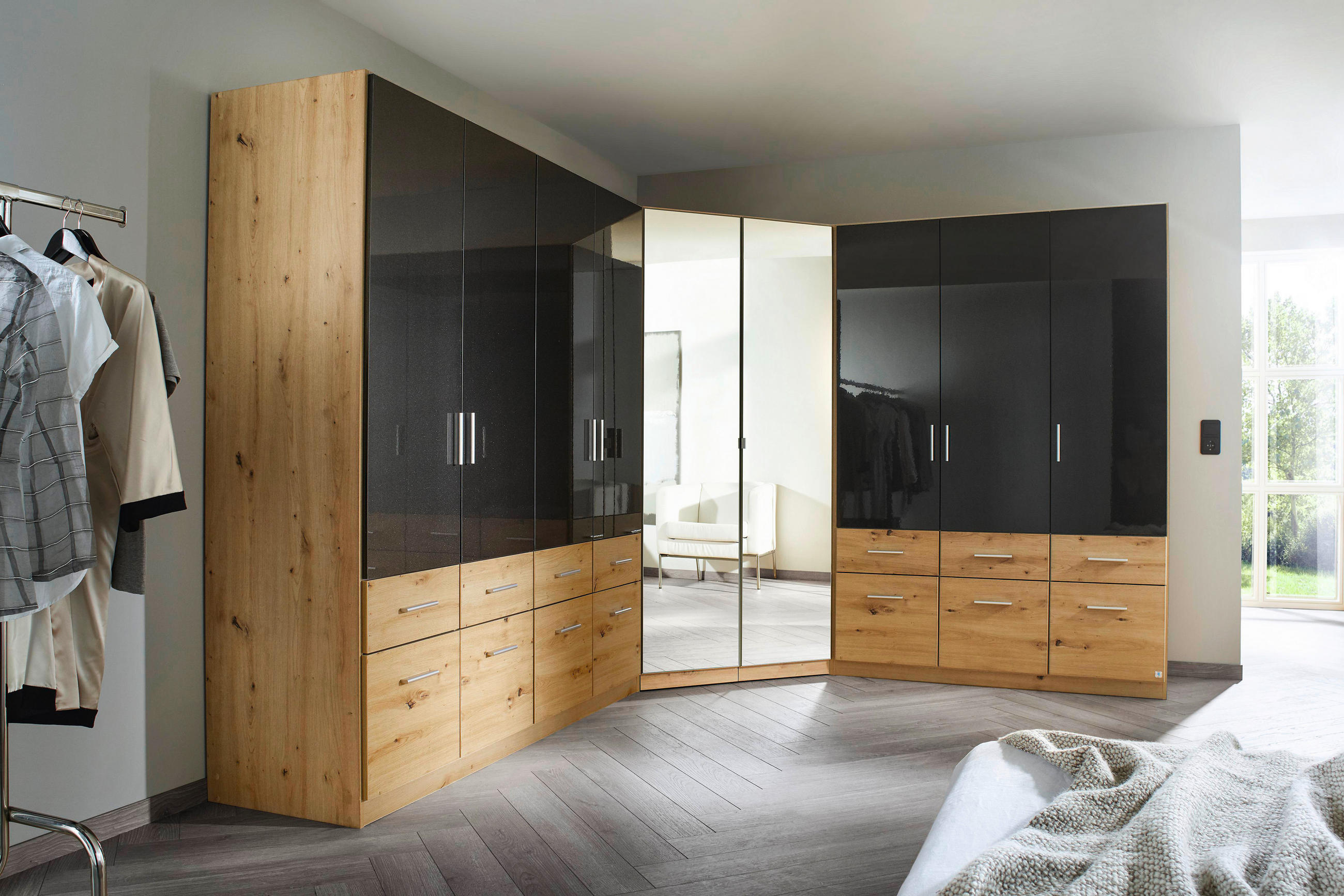 Thumbnail - Carryhome Eckkleiderschrank, Dunkelgrau, Eiche Artisan, Kunststoff, 9 Fächer, 117x197x117 cm, Blauer Engel, Goldenes M, ...