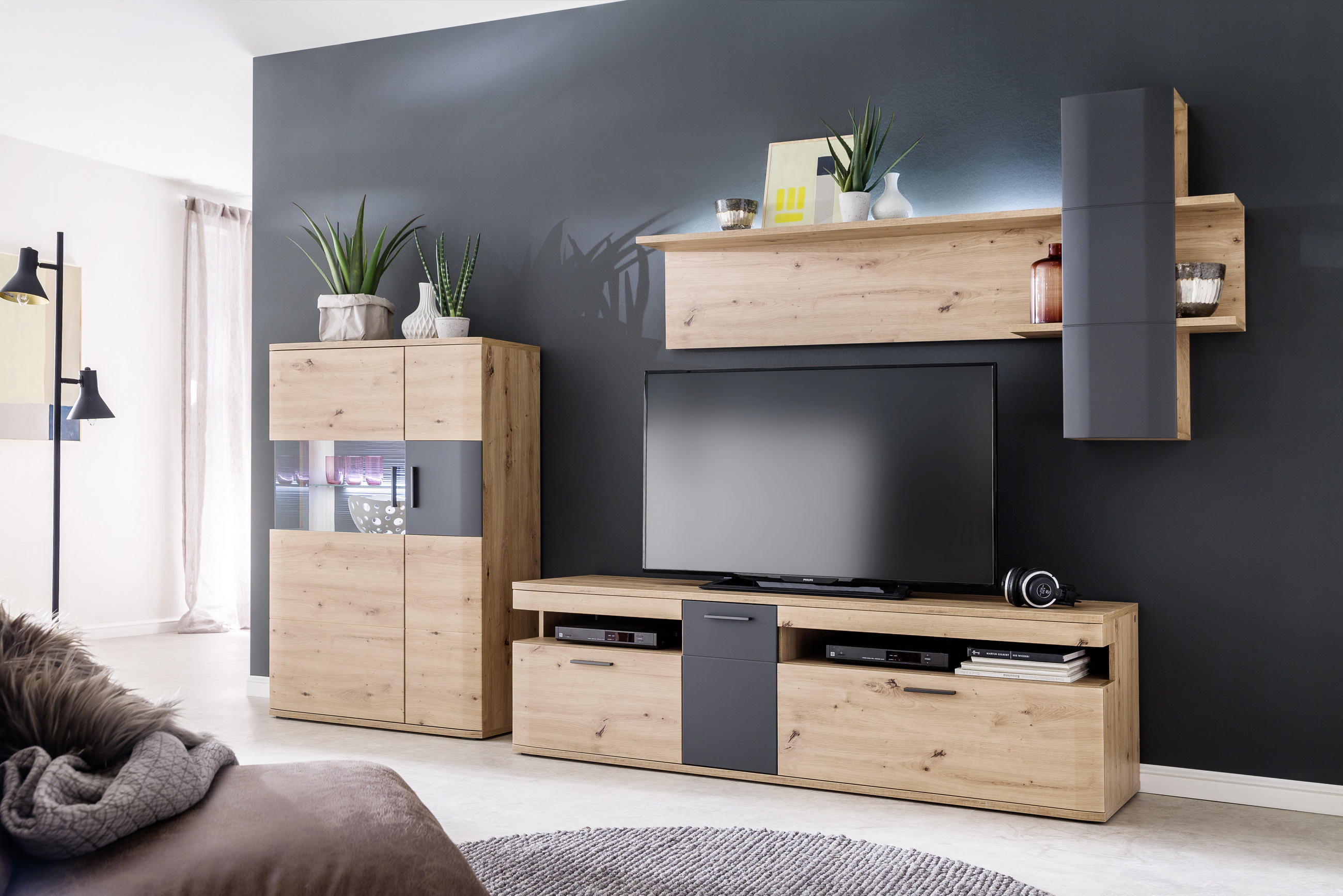 OBÝVACÍ STĚNA, antracitová, čiré, barvy dubu - barvy dubu/černá, Design, kov/kompozitní dřevo (310/198/50cm) - Livetastic