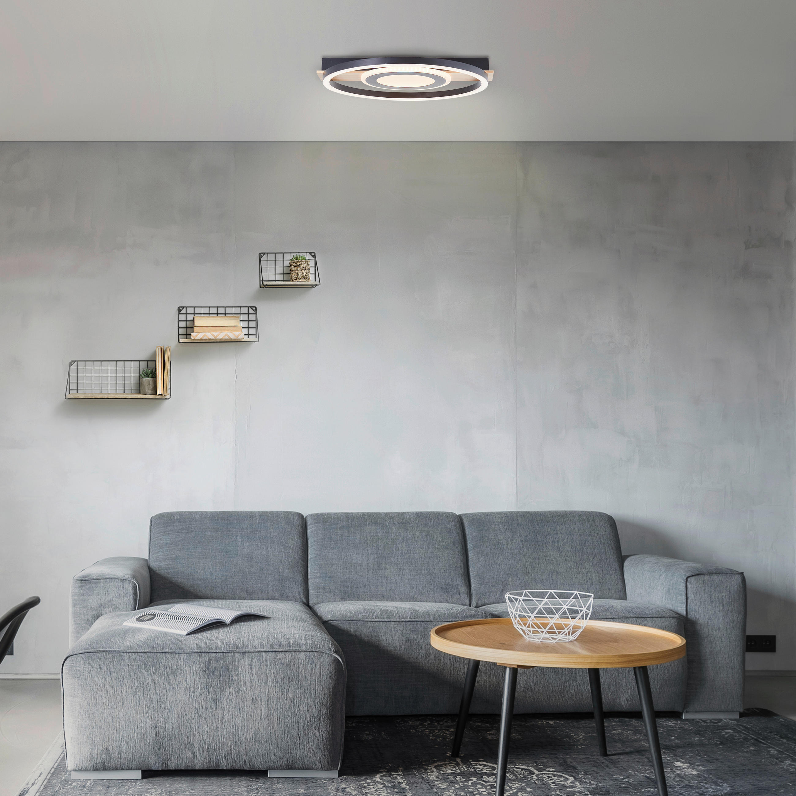 STROPNÍ LED SVÍTIDLO, 5/39/37 cm - černá/světle hnědá, Design, kov/dřevo (5/39/37cm)