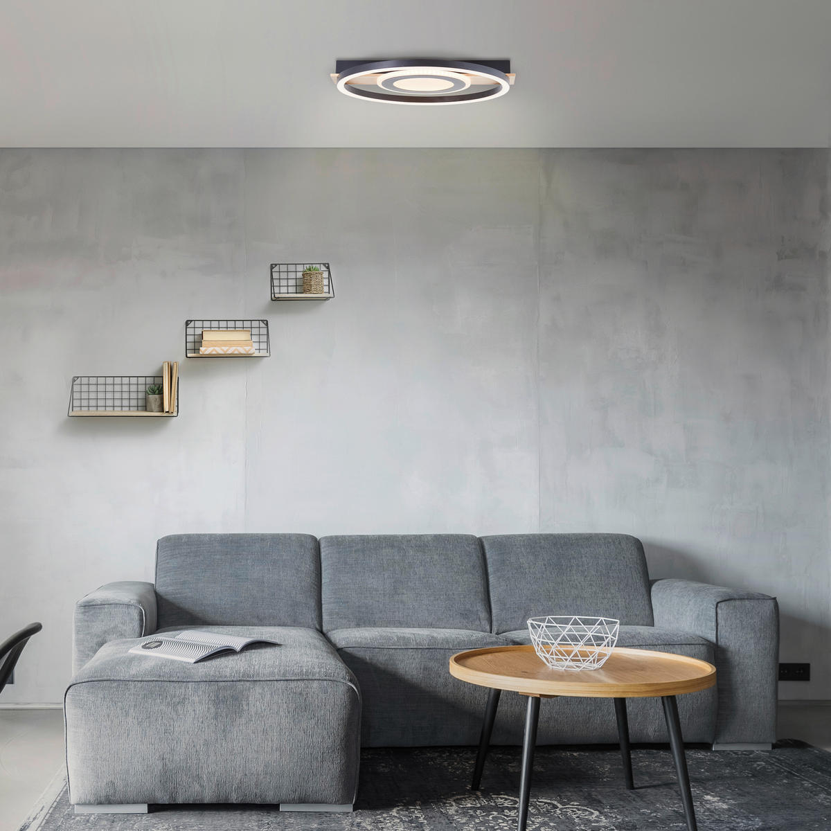 STROPNÍ LED SVÍTIDLO, 5/39/37 cm - černá/světle hnědá, Design, kov/dřevo (5/39/37cm)