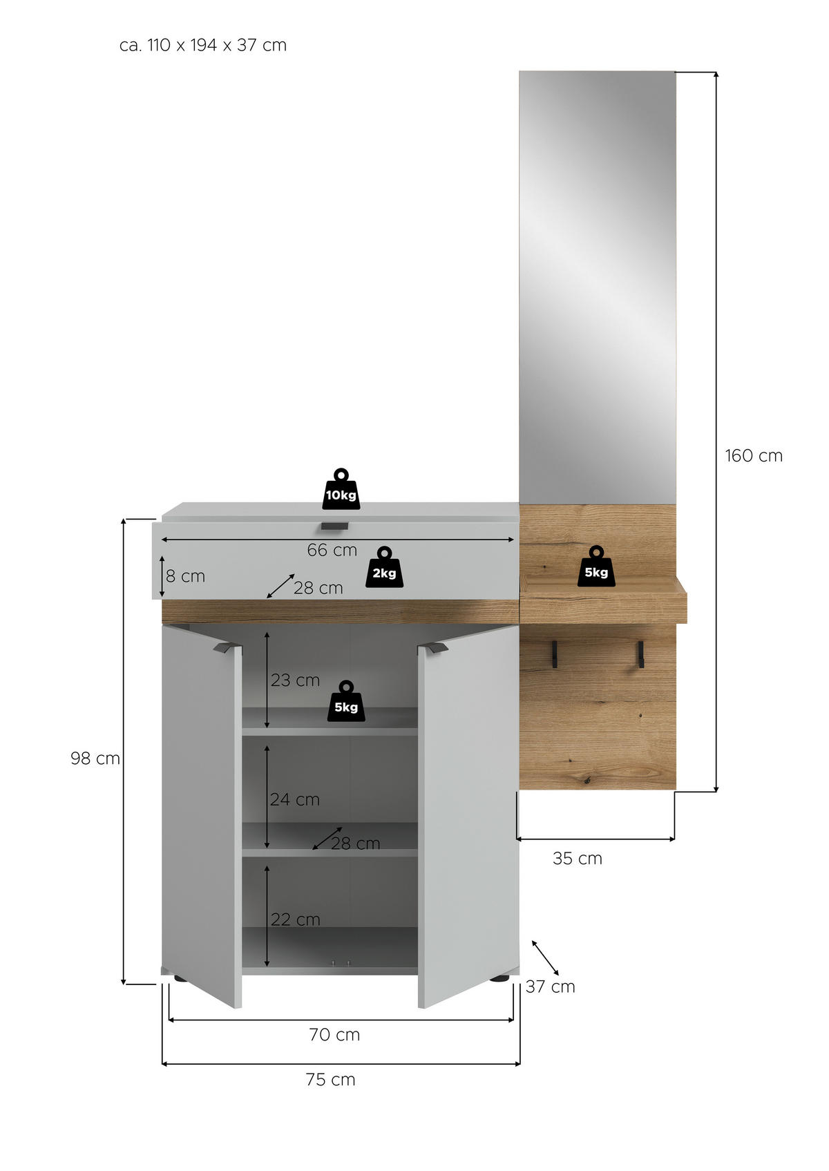 GARDEROBE 2-teilig  in 110/194/37 cm  - Eiche dunkel/Grau, Design, Holzwerkstoff (110/194/37cm) - Livetastic