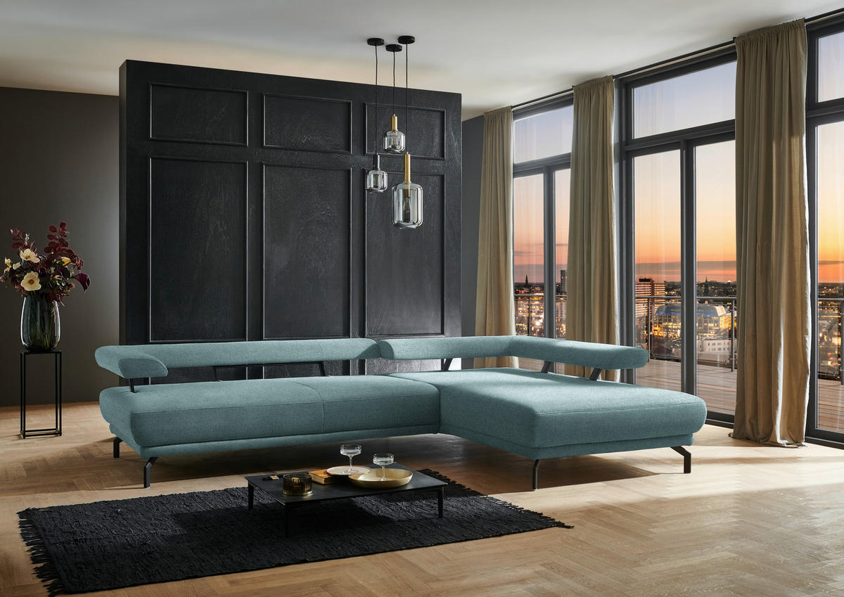 ECKSOFA in Chenille Türkis  - Türkis/Schwarz, Design, Textil/Metall (305/224cm) - Dieter Knoll