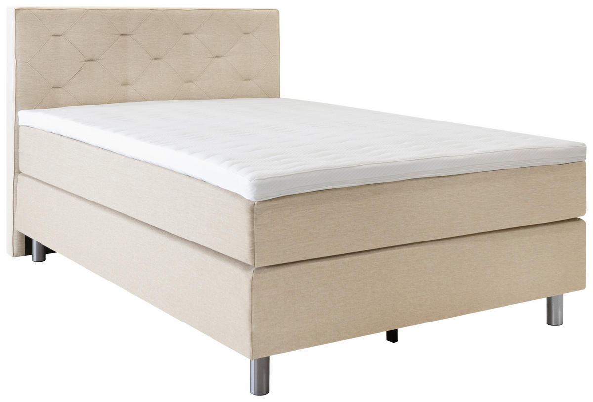 BOXSPRINGBETT 120/200 cm,  in Beige, Matratze, gepolstertes Kopfteil, Topper, H3 = fest  - Beige/Alufarben, KONVENTIONELL, Textil/Metall (120/200cm) - Welnova