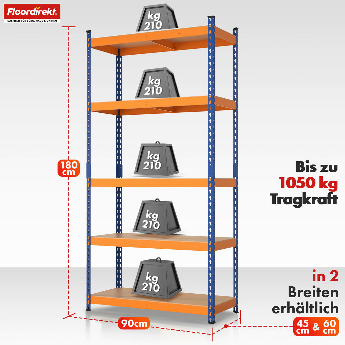 SCHWERLASTREGAL 90/180/45 cm  - Orange, Basics, Naturmaterialien/Metall (90/180/45cm) - Floordirekt