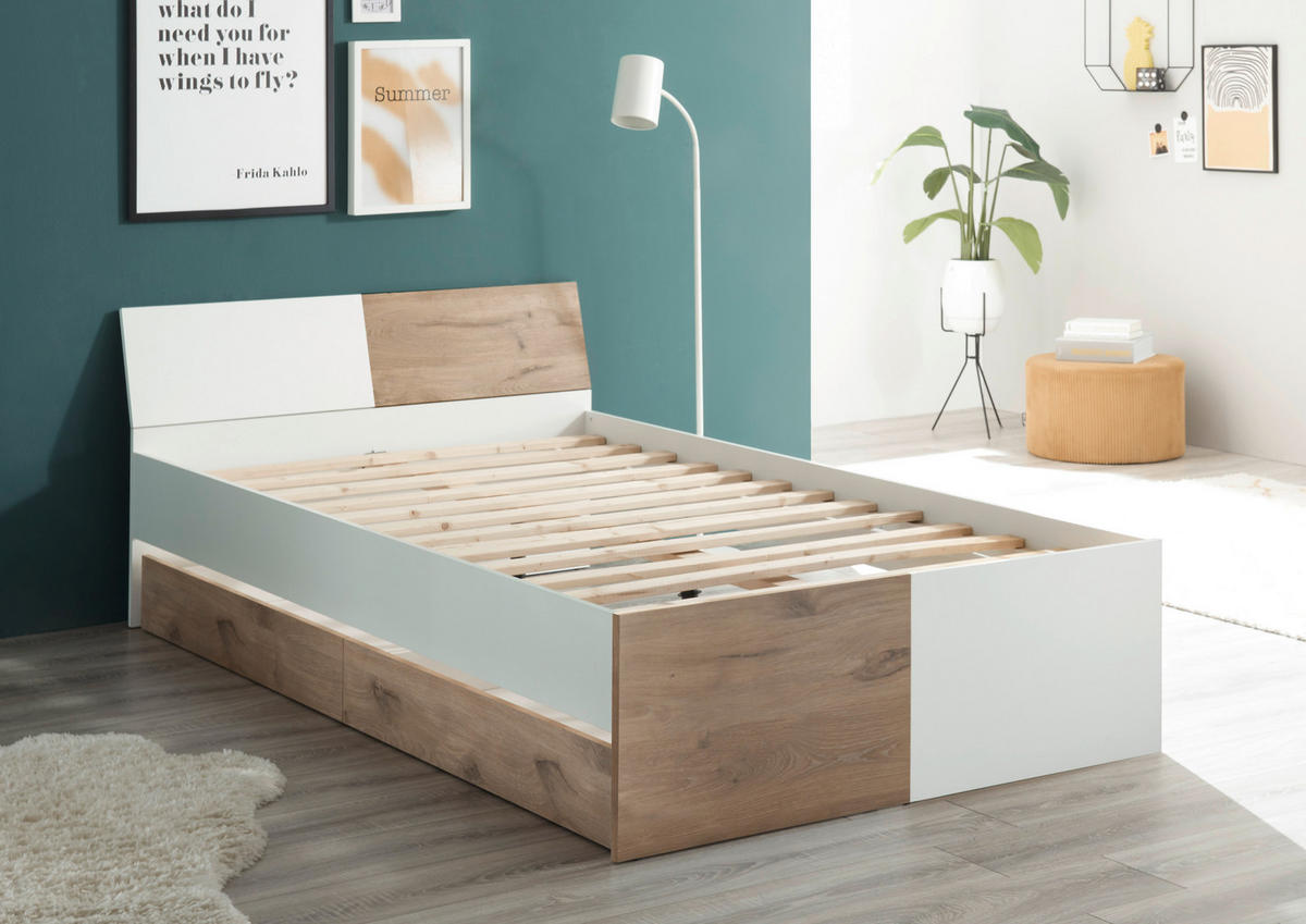 BETT 120/200 cm  in Weiß, Eichefarben  - Eichefarben/Weiß, KONVENTIONELL (120/200cm) - MID.YOU