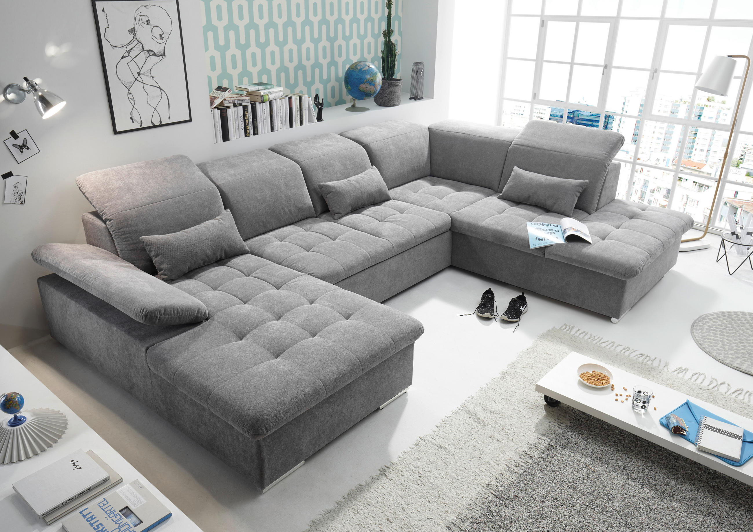 SOFFA i mikrovelour grå  - mörkgrå/silver, Klassisk, textil/plast (188/340/240cm) - MID.YOU