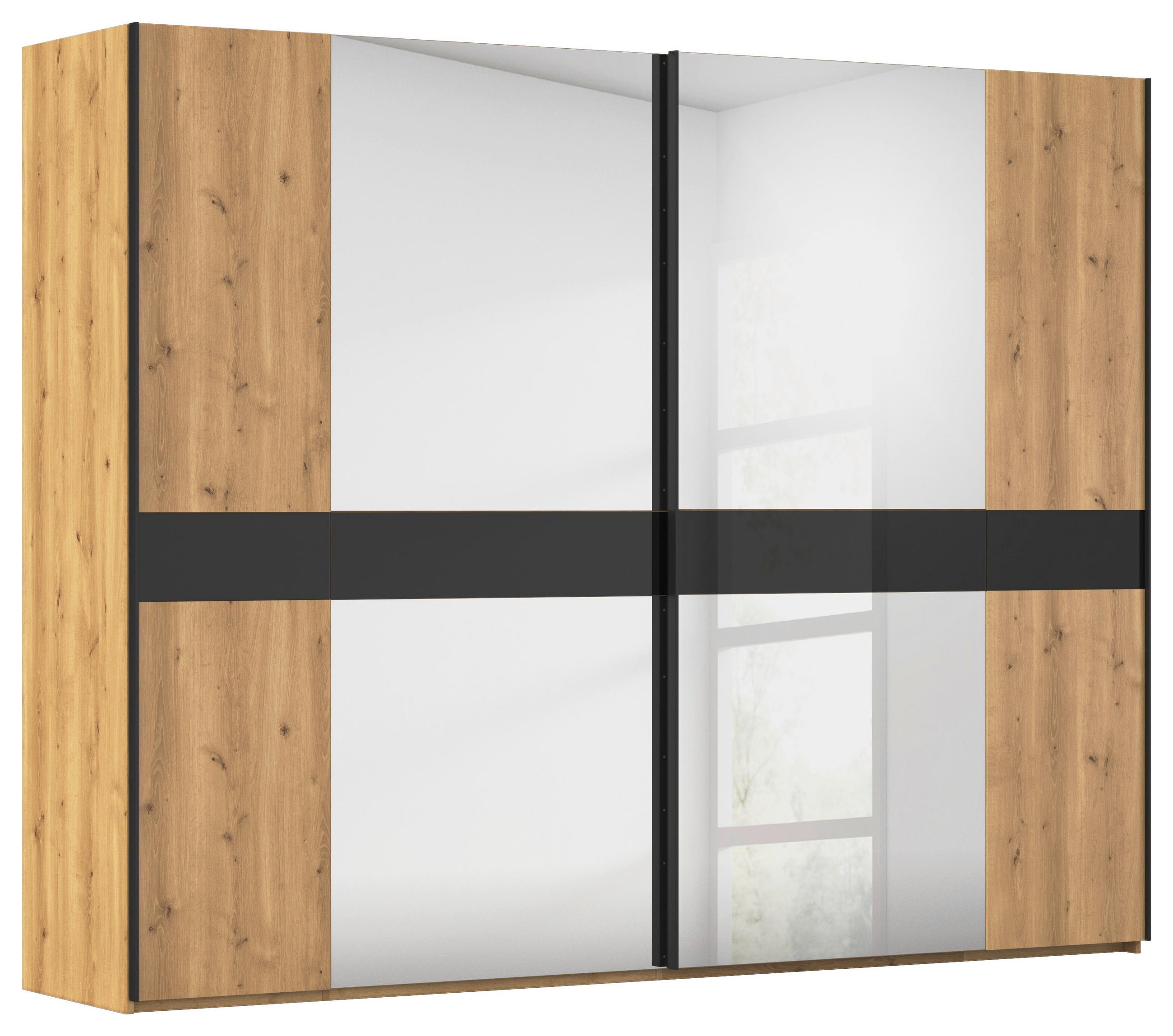 SCHWEBETÜRENSCHRANK 281/223/68 cm 2-türig Schwarz, Eichefarben  - Eichefarben/Schwarz, Design, Glas/Holz (281/223/68cm) - Dieter Knoll