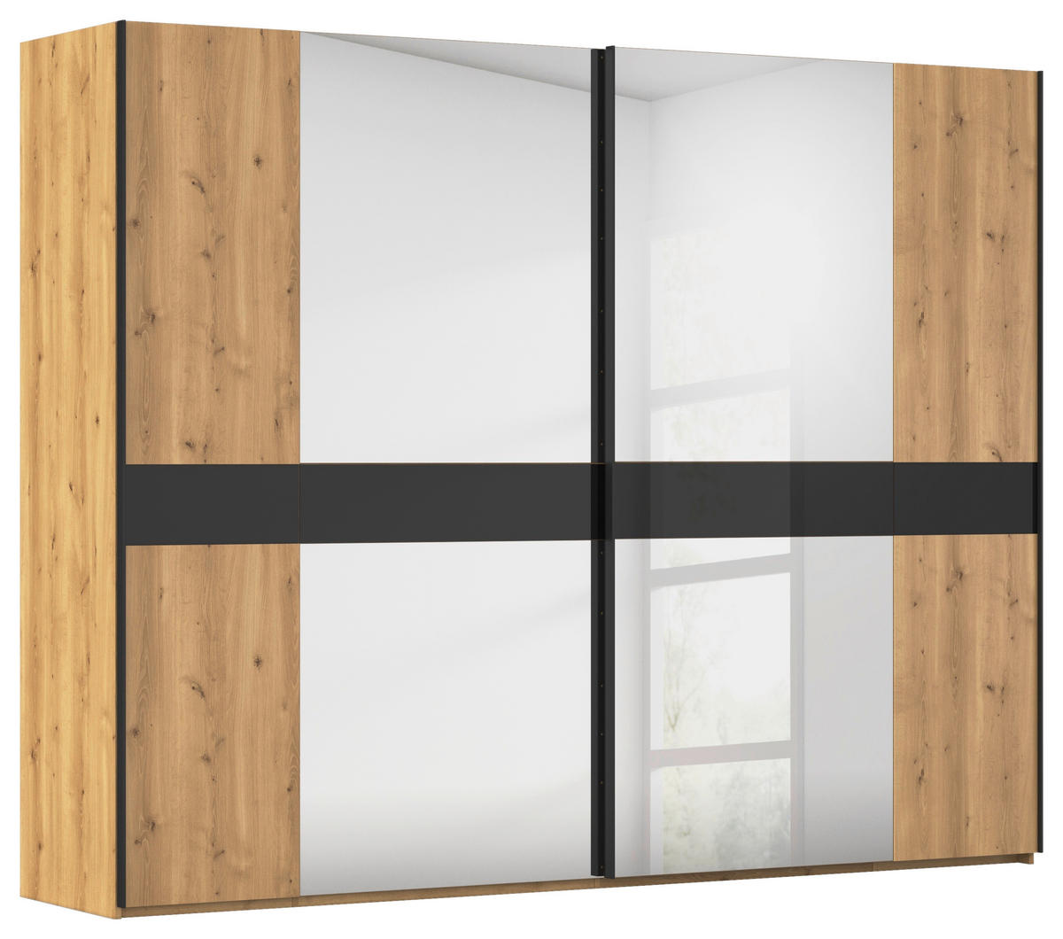 SCHWEBETÜRENSCHRANK Eichefarben, Schwarz  - Eichefarben/Schwarz, Design, Glas/Holz (281/223/68cm) - Dieter Knoll