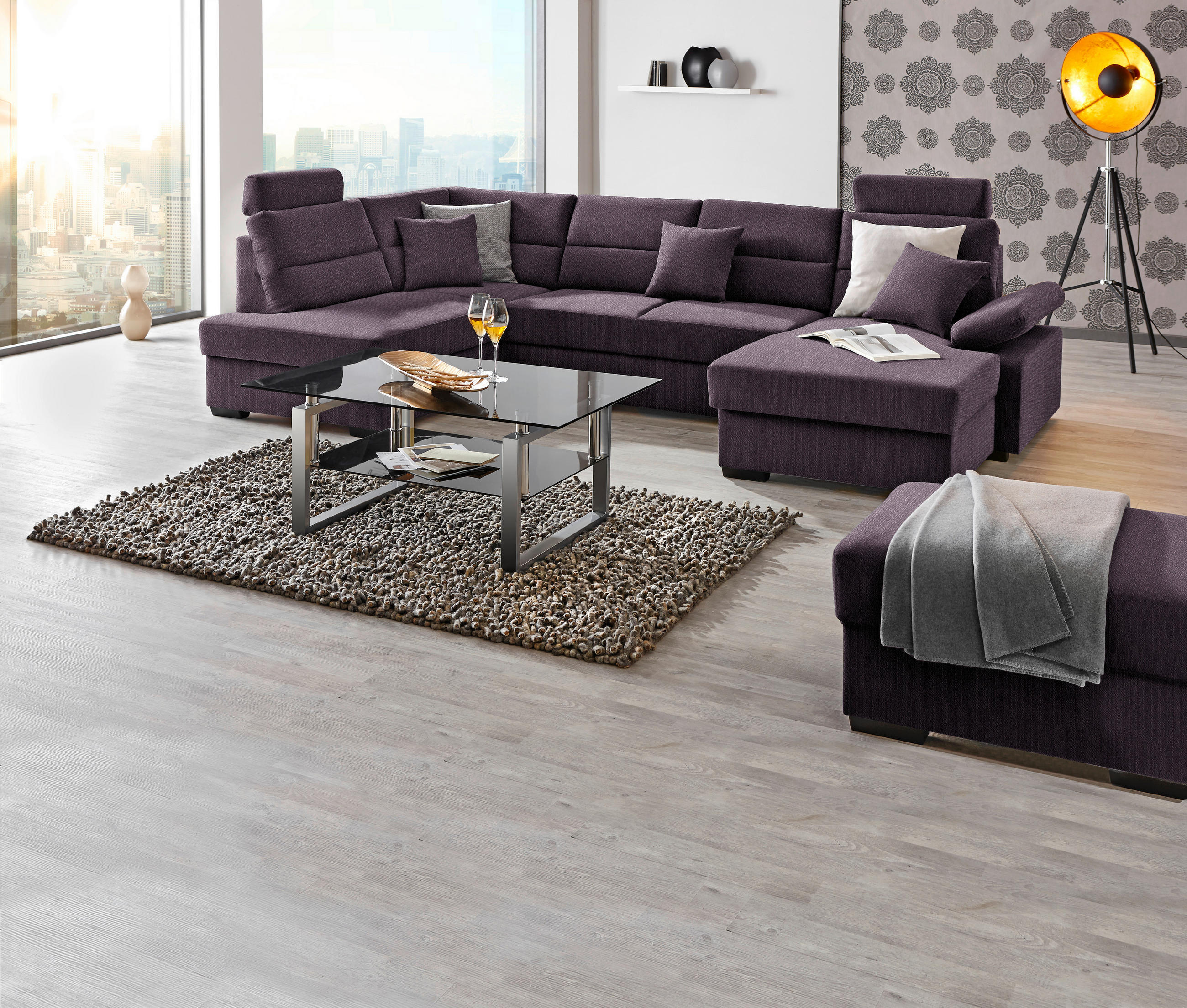 WOHNLANDSCHAFT in Webstoff Violett  - Dunkelbraun/Violett, Konventionell, Kunststoff/Textil (183/319/166cm) - Cantus