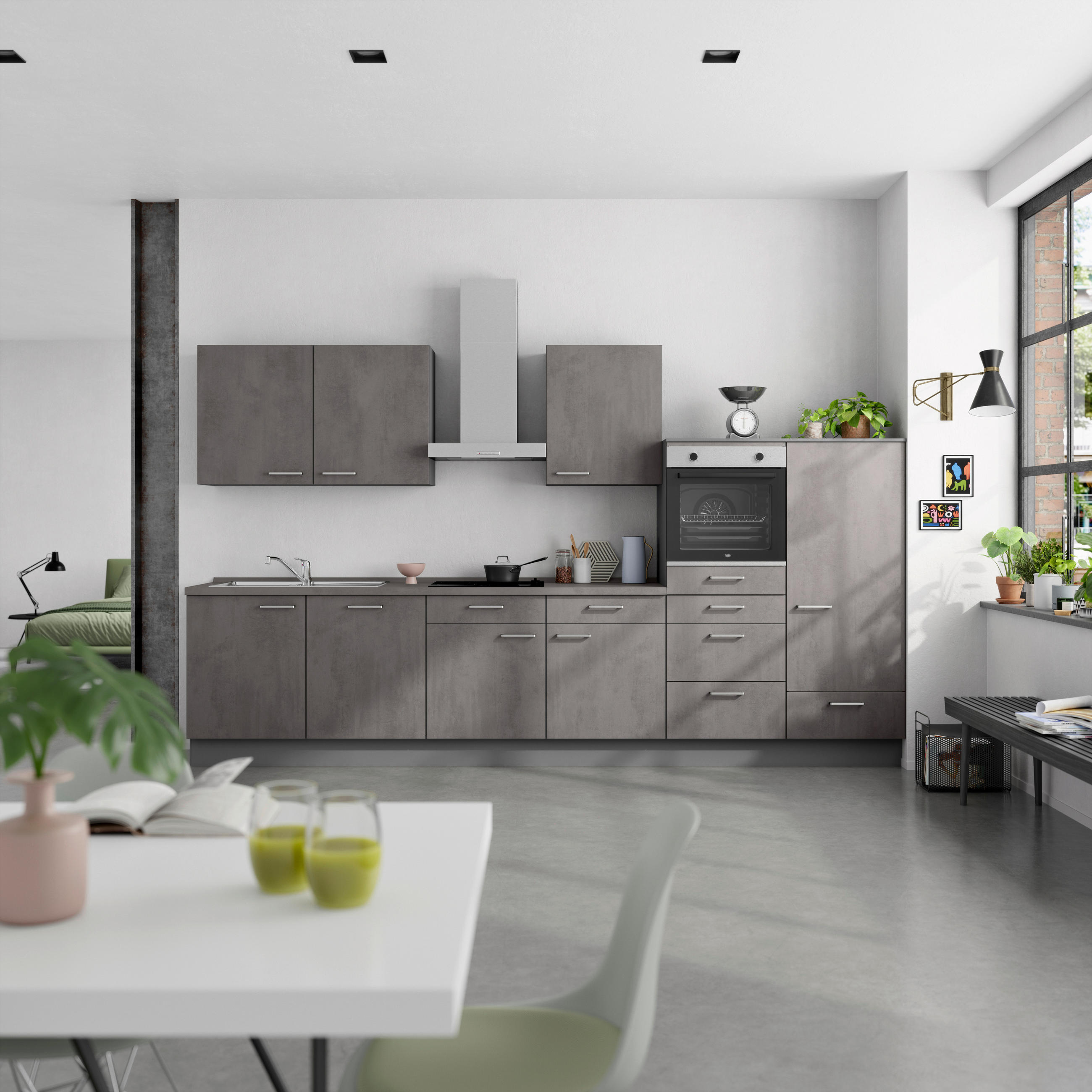 KÜCHENBLOCK Riva 360 cm  in Schieferfarben  - Schieferfarben/Edelstahlfarben, MODERN, Holzwerkstoff/Metall (360cm) - Nobilia