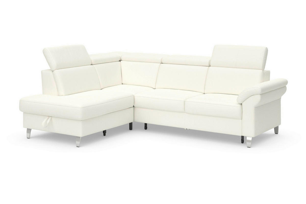 ECKSOFA ARNGAST E Weiß Kombination Echtleder/Stoff Mikrofaser Bettkasten, Kopfteilverstellung  - Chromfarben/Weiß, Basics, Leder/Textil (194/245cm) - Sit & More