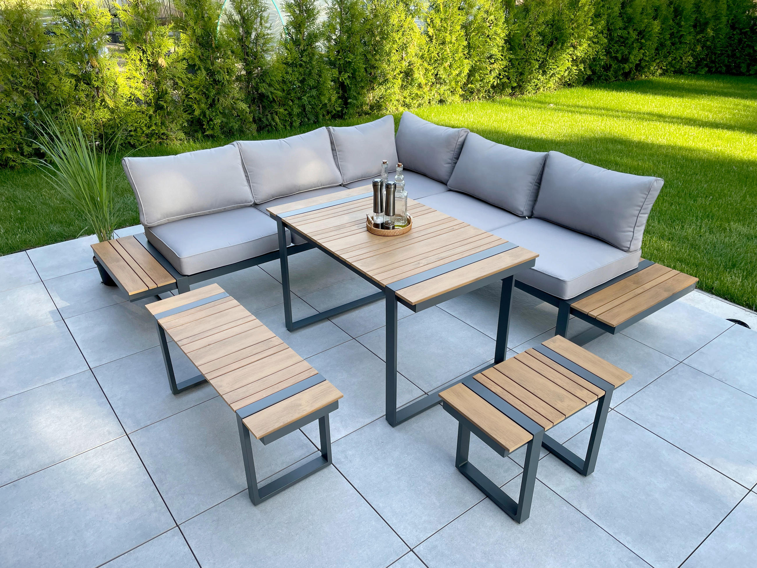 Thumbnail - Gardenson Loungegarnitur, Anthrazit, Dunkelgrau, Hellbraun, Metall, Kunststoff, Textil, 6-teilig, Füllung: Polyester, L-...