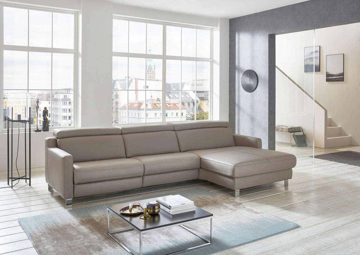 ECKSOFA  in Echtleder Grau  291/176 cm  - Chromfarben/Grau, Design, Leder/Metall (291/176cm) - Valdera