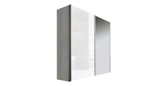 SCHWEBETÜRENSCHRANK in Eichefarben, Grau, Weiß - Eichefarben/Alufarben, Design, Glas/Holzwerkstoff (200/216/68cm) - Hom`in