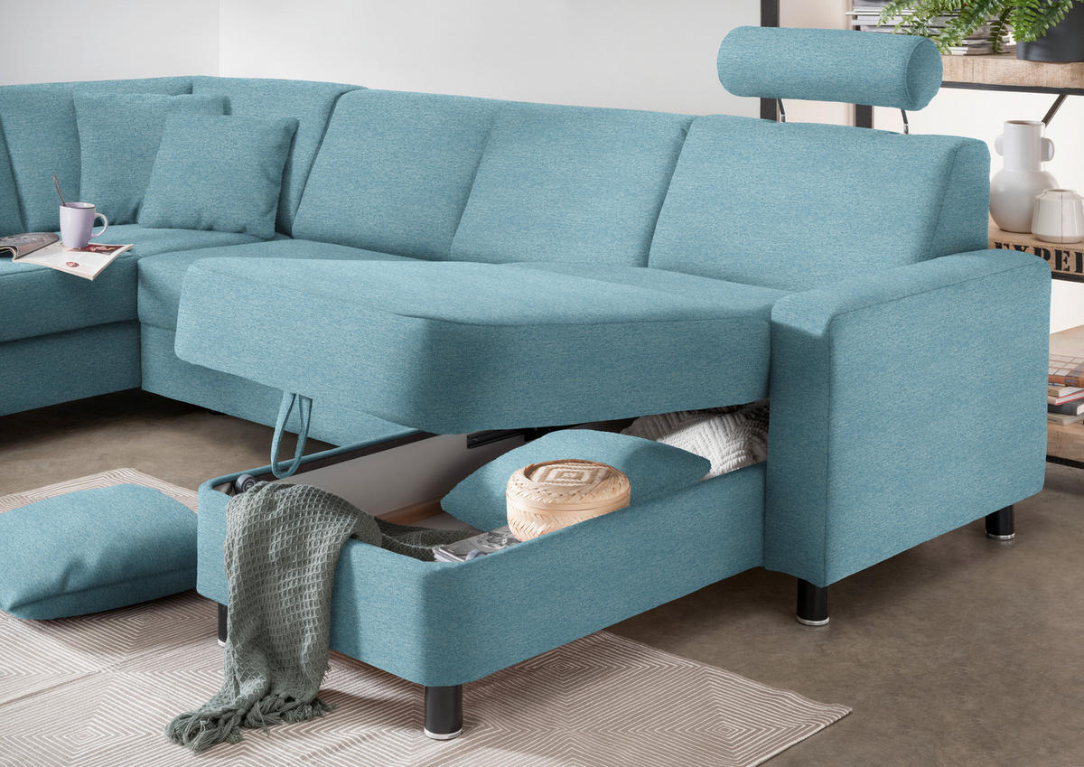 WOHNLANDSCHAFT in Webstoff Hellblau  - Schwarz/Hellblau, Design, Holz/Textil (198/296/165cm) - Xora