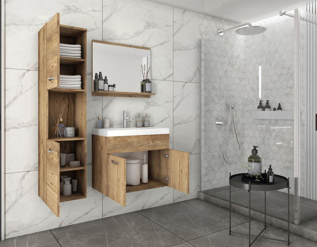 SALLE DE BAIN 4-teilig  in 90 cm  - chêne wotan/blanc haute brillance, Lifestyle, métal/matériau de bois (90cm) - P & B