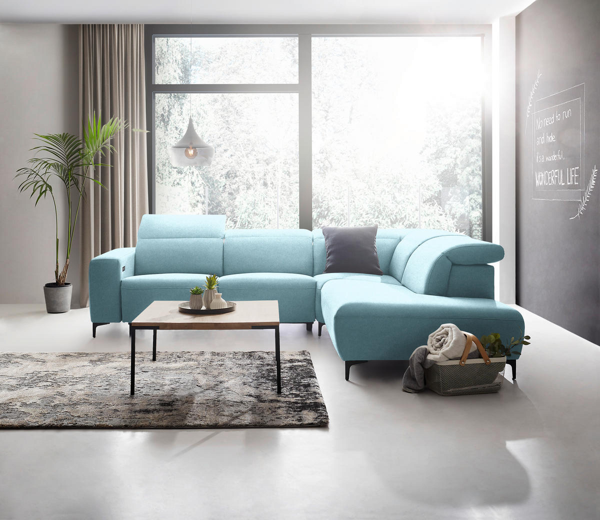 ECKSOFA Hellblau Flachgewebe  - Schwarz/Hellblau, Design, Textil/Metall (290/238cm) - Pure Home Lifestyle