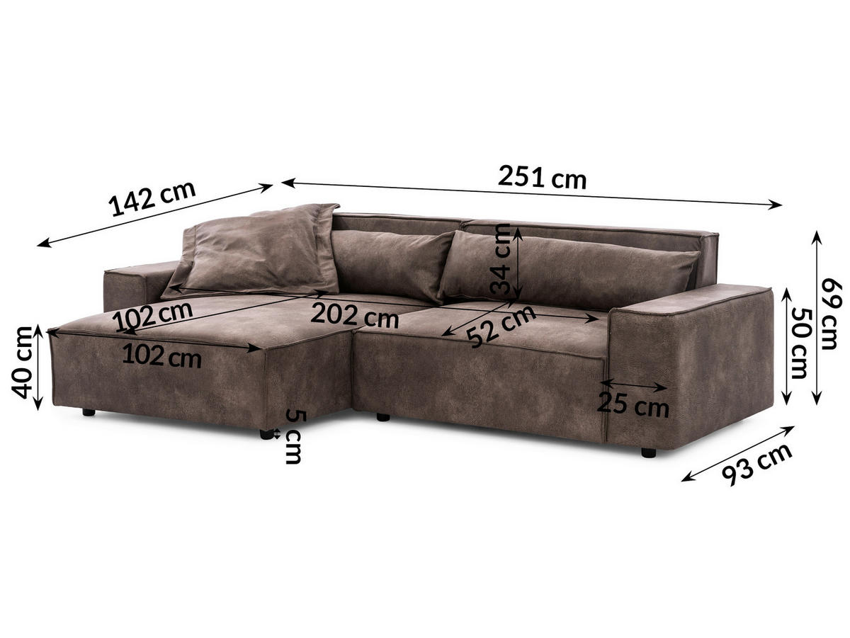 ECKSOFA Curduroy in Lederlook Graubraun Rückenkissen  251/142 cm  - Graubraun/Schwarz, Design, Kunststoff/Textil (251/142cm) - P & B
