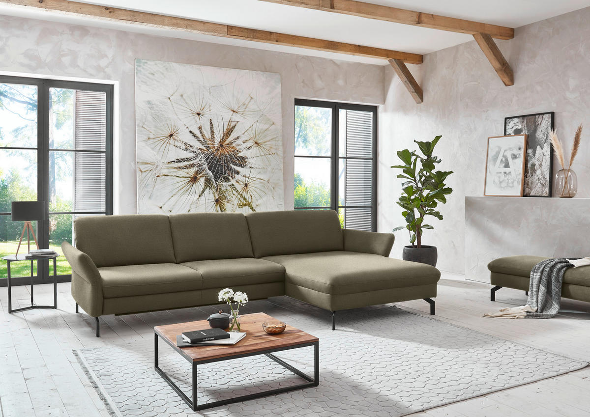 ECKSOFA in Velours Olivgrün  - Schwarz/Olivgrün, Design, Textil/Metall (306/179cm) - Beldomo System