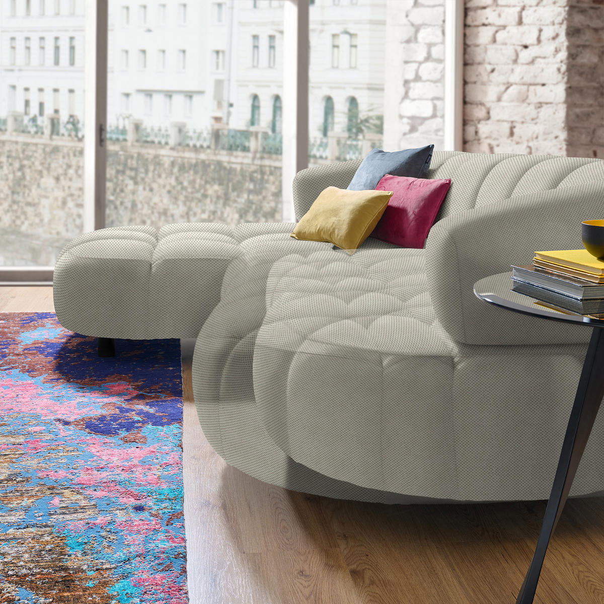 ECKSOFA in Webstoff Ecru  183/284 cm  - Ecru/Schwarz, Design, Holz/Textil (183/284cm) - Welnova