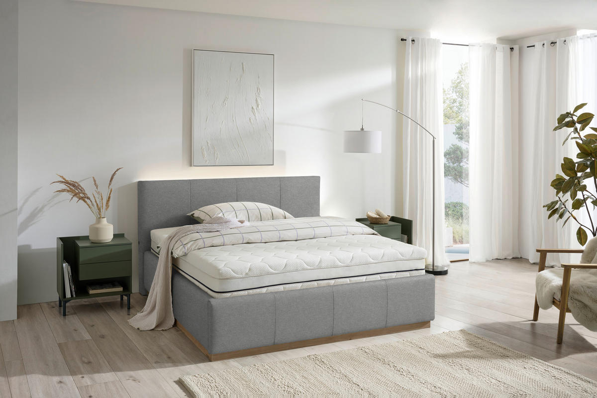 POLSTERBETT Beleuchtung, Lattenrost, Bettkasten Grau 160/200 cm  - Birkefarben/Grau, Design, Holz/Holzwerkstoff (160/200cm) - Lomoco