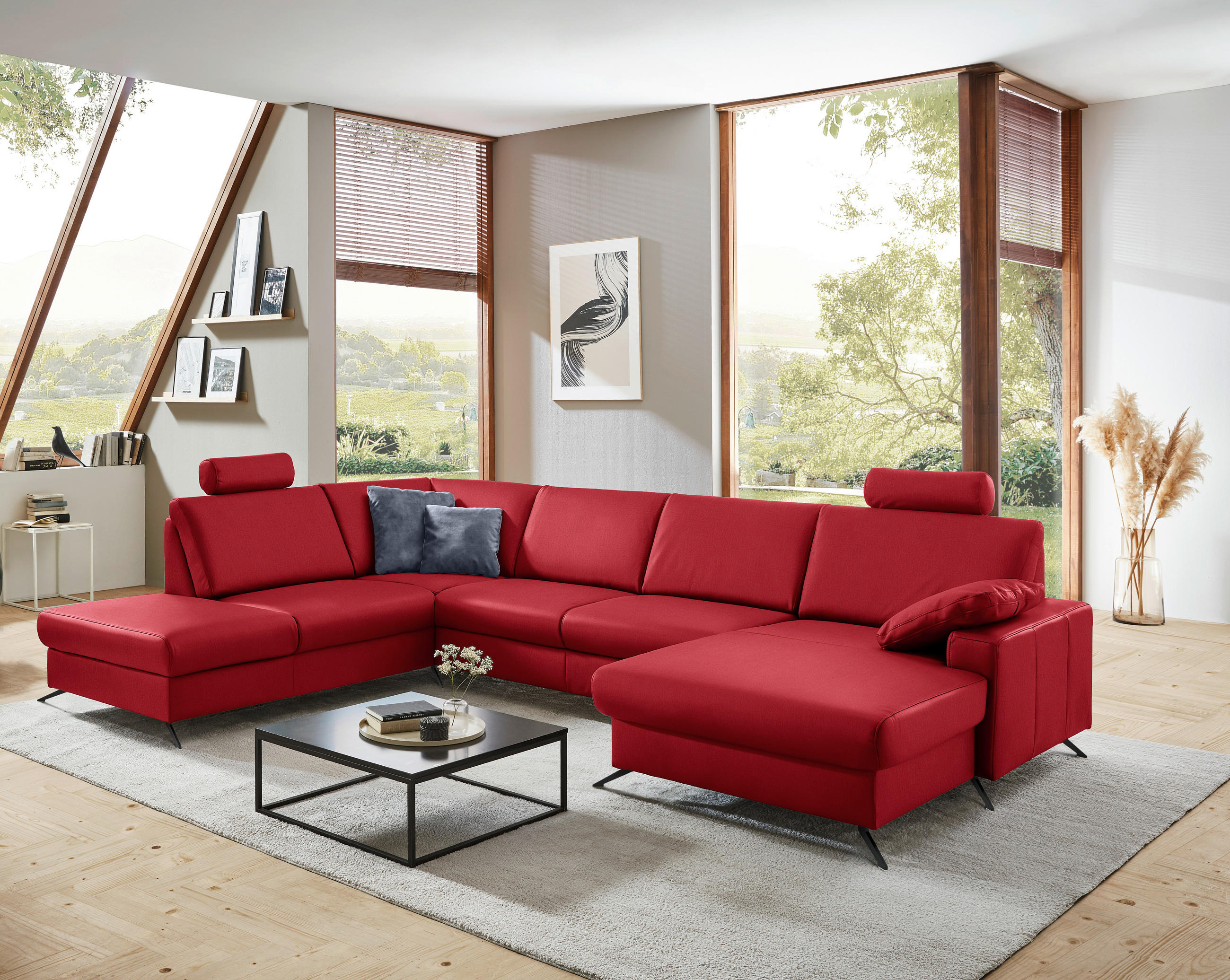 WOHNLANDSCHAFT in Echtleder Rot  - Rot/Schwarz, Design, Leder/Metall (233/339/165cm) - Beldomo Premium