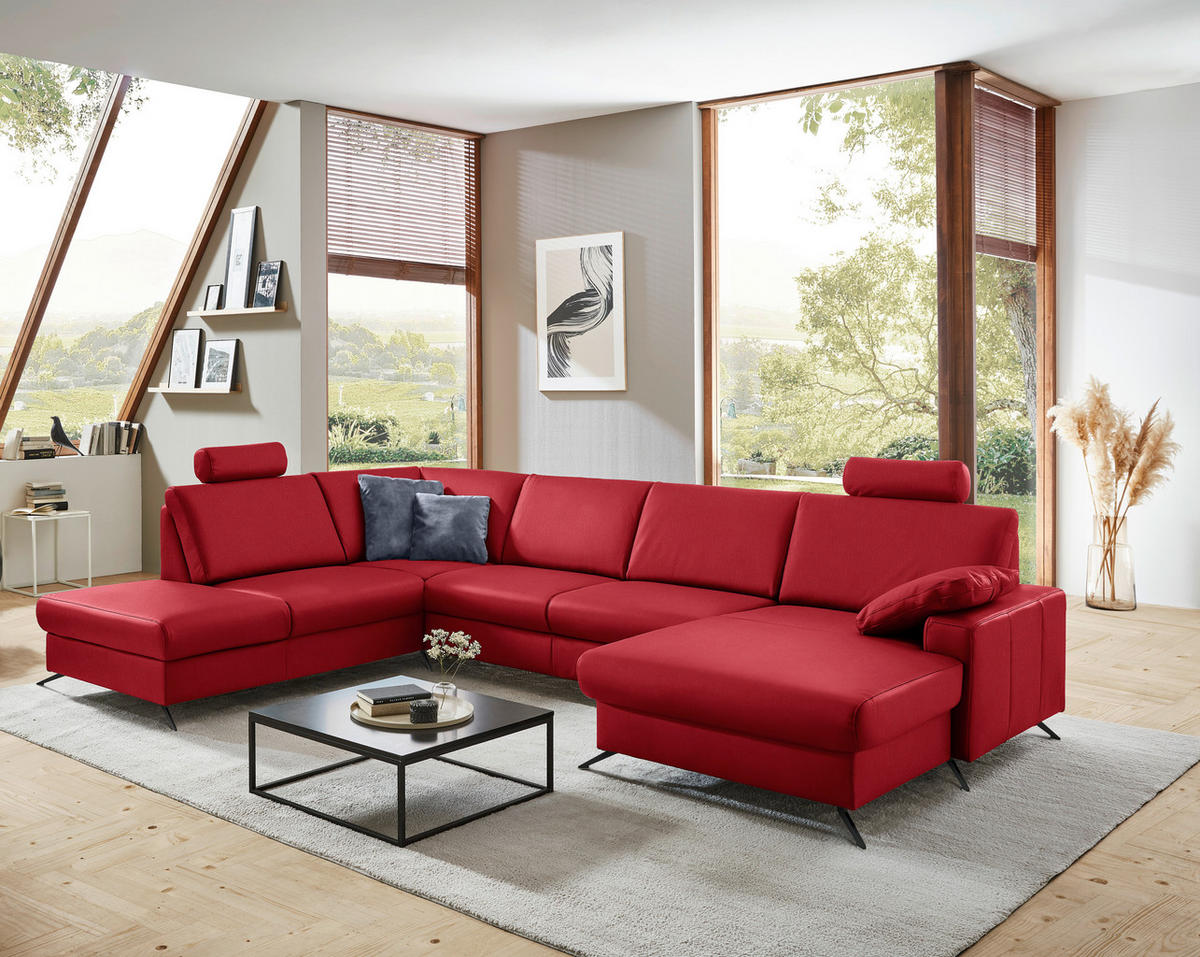 WOHNLANDSCHAFT in Echtleder Rot  - Rot/Schwarz, Design, Leder/Metall (233/339/165cm) - Beldomo Premium