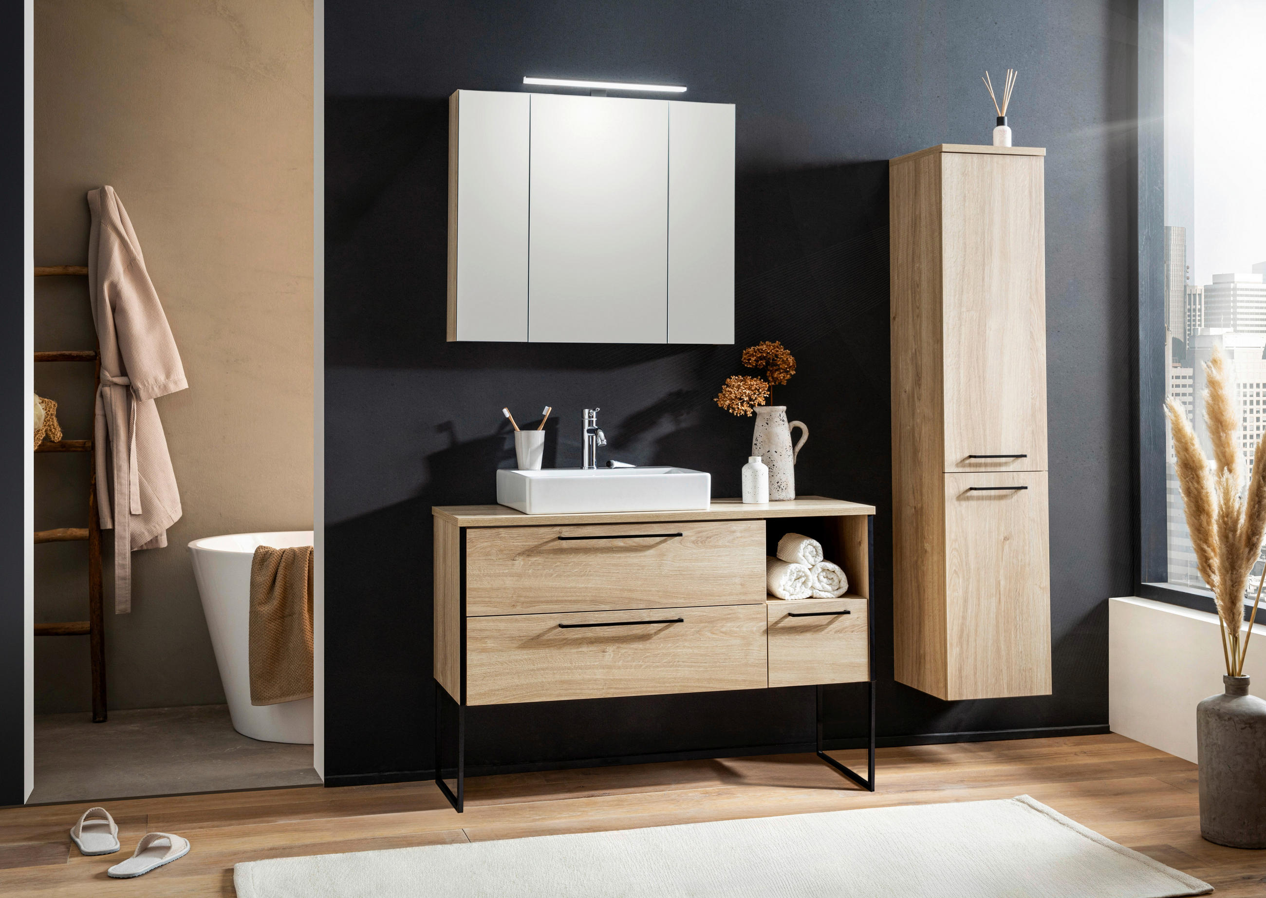 WASCHTISCHKOMBI  - Eichefarben/Weiß Hochglanz, MODERN, Keramik/Holzwerkstoff (114/57,7/44cm) - Stylife