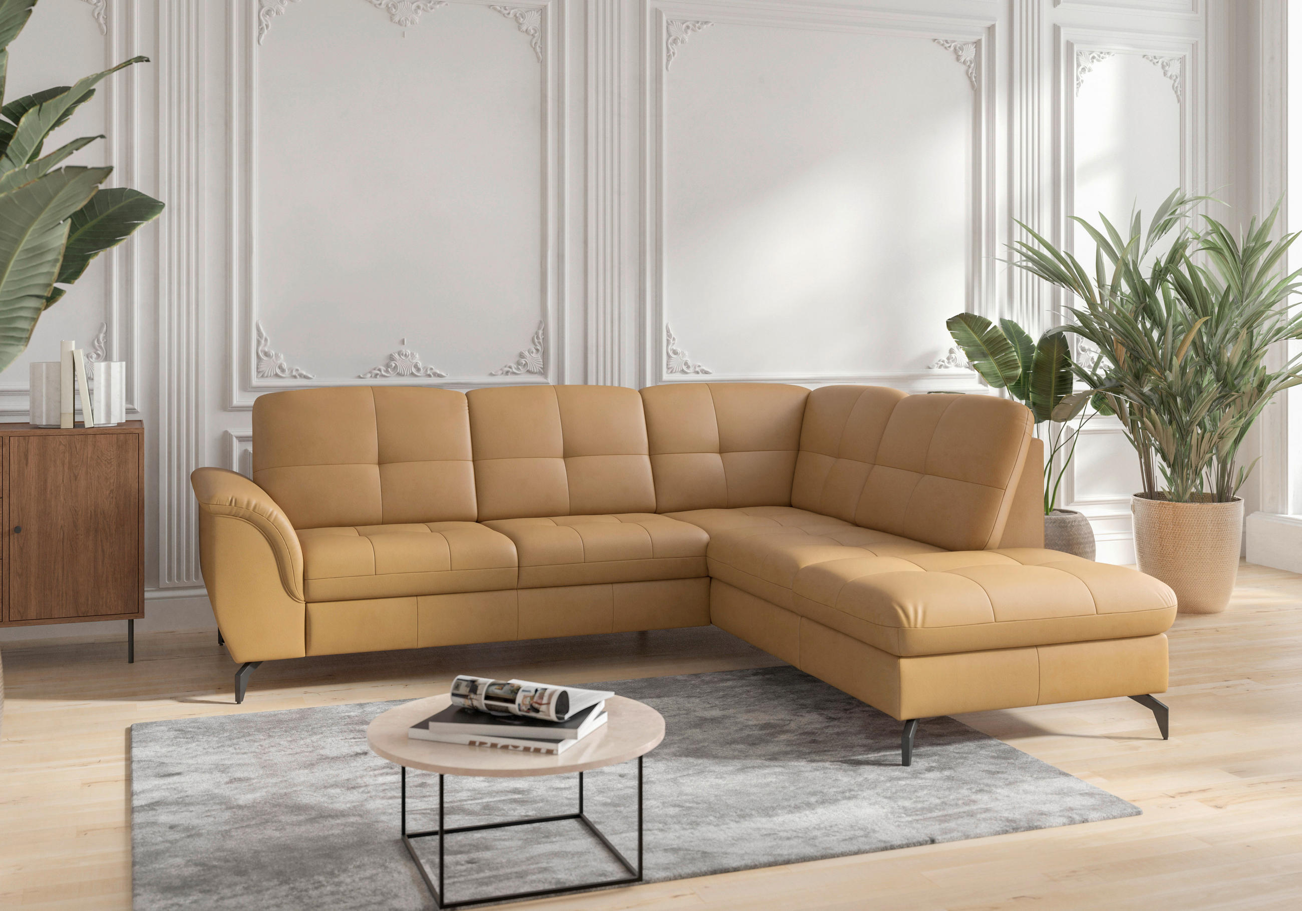 ECKSOFA in Vliesstoff Kombination Echtleder/Stoff Currygelb  244/212 cm  - Currygelb/Schwarz, MODERN, Leder/Textil (244/212cm) - Sit & More