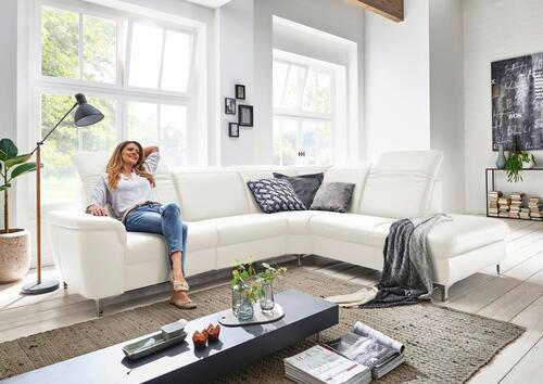 ECKSOFA in Echtleder Weiss  - Weiss/Alufarben, Design, Leder/Metall (242/292cm) - Cantus