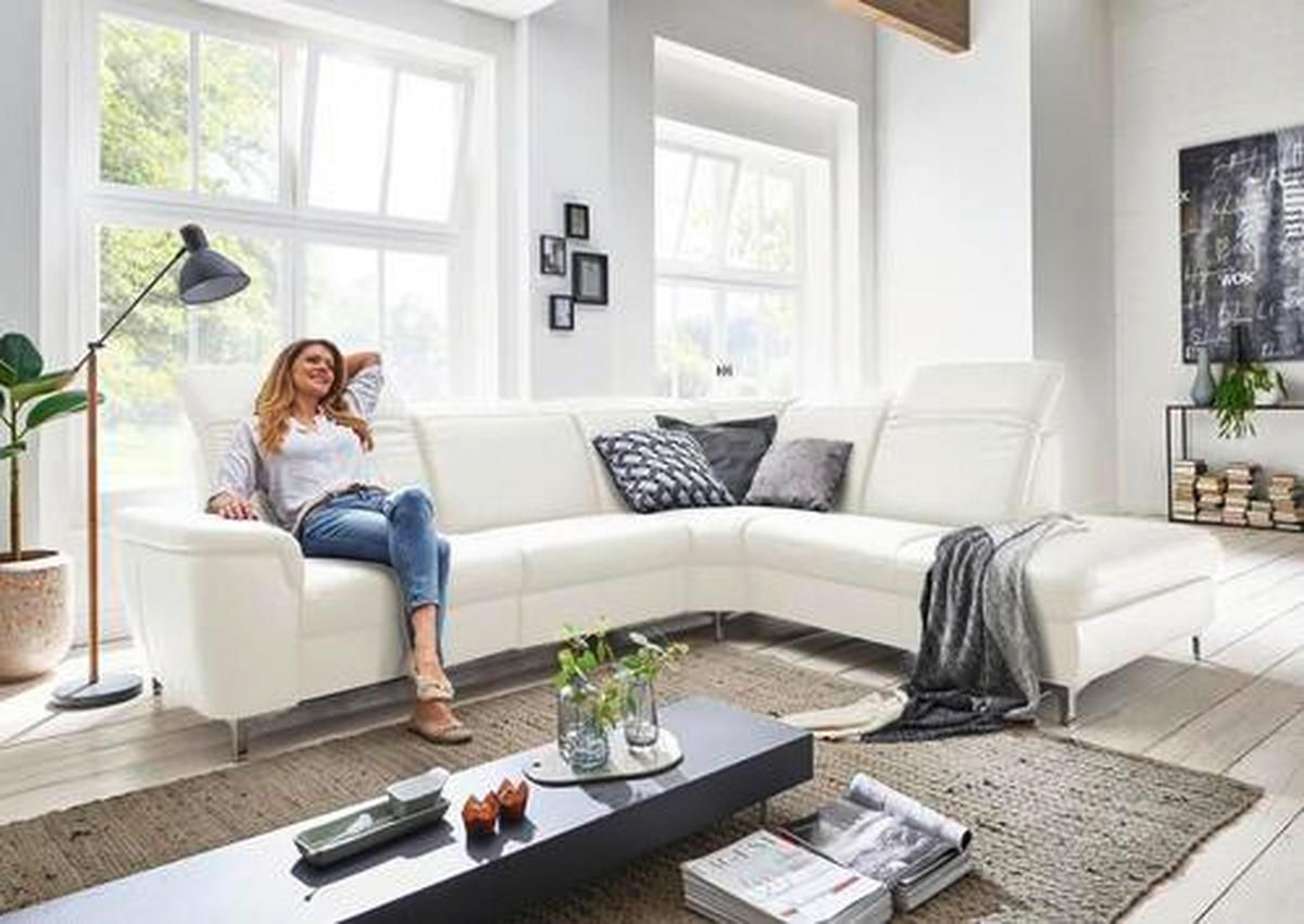 ECKSOFA in Echtleder Weiss  - Weiss/Alufarben, Design, Leder/Metall (242/292cm) - Cantus