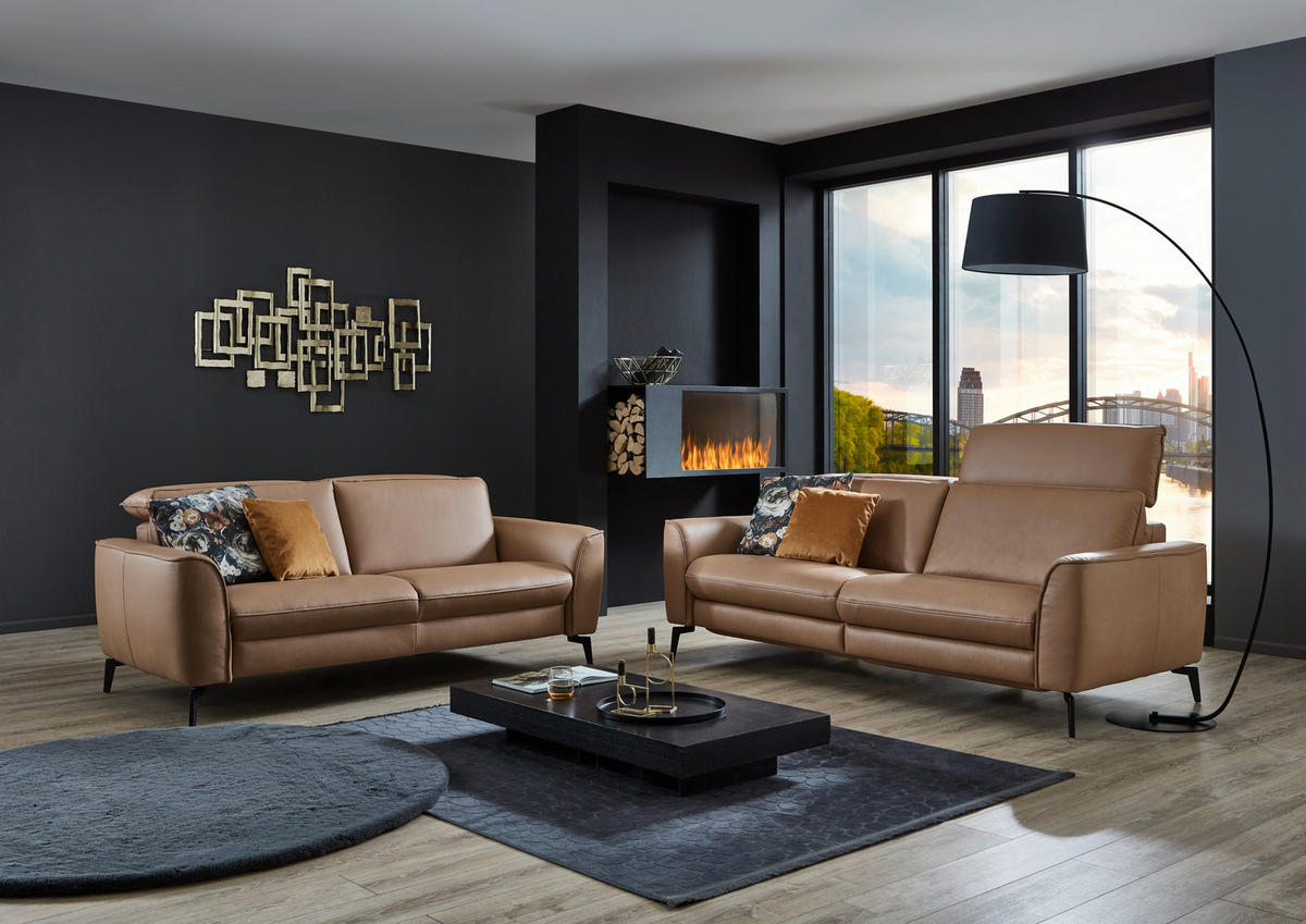 3-SITZER-SOFA in Echtleder Haselnussfarben  - Schwarz/Haselnussfarben, Natur, Leder/Metall (222/81/110cm) - Valdera