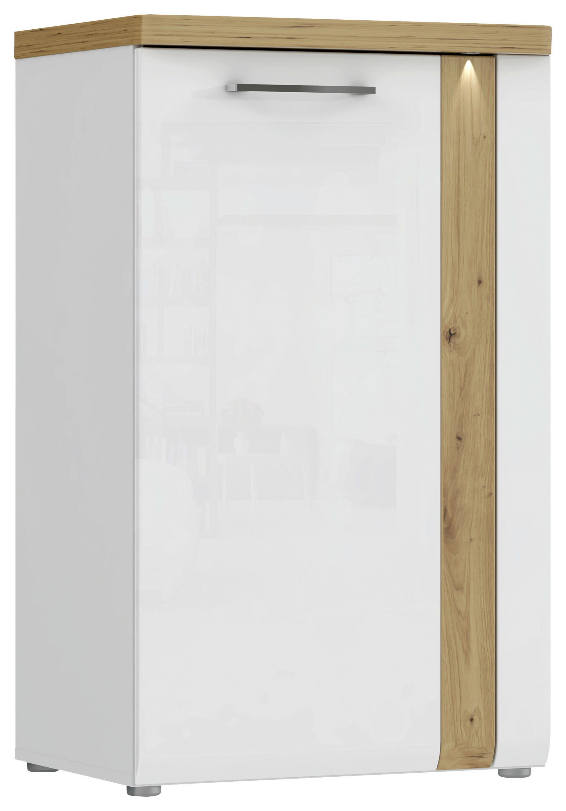 ŠIROKA KOMODA, bela, hrast artisan, bela, visoki sijaj  - barve kroma/bela, Design, kovina/leseni material (60,3/100/43,4cm) - Voleo