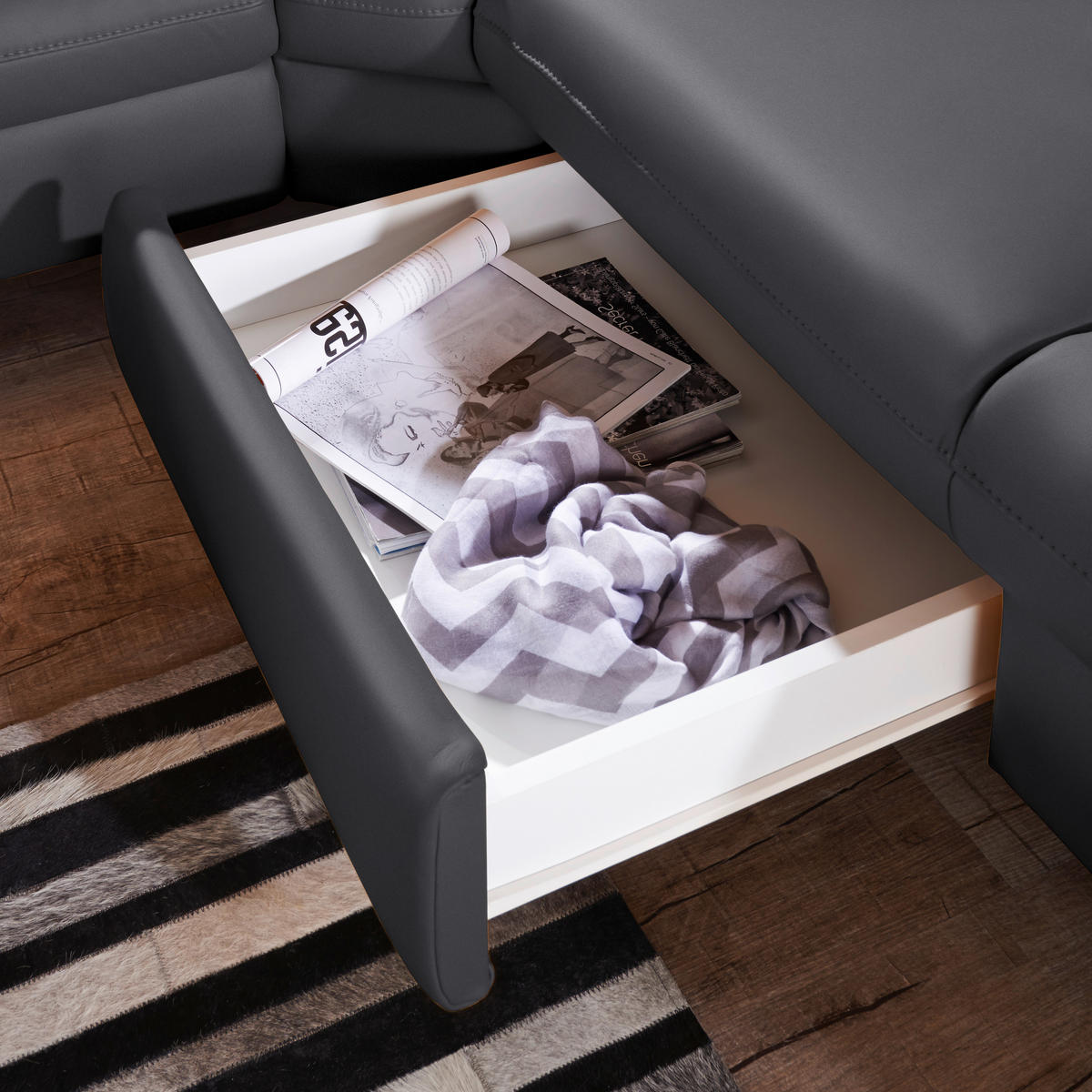 ECKSOFA in Echtleder Schwarz  - Alufarben/Schwarz, Design, Leder/Metall (271/239cm) - Cantus