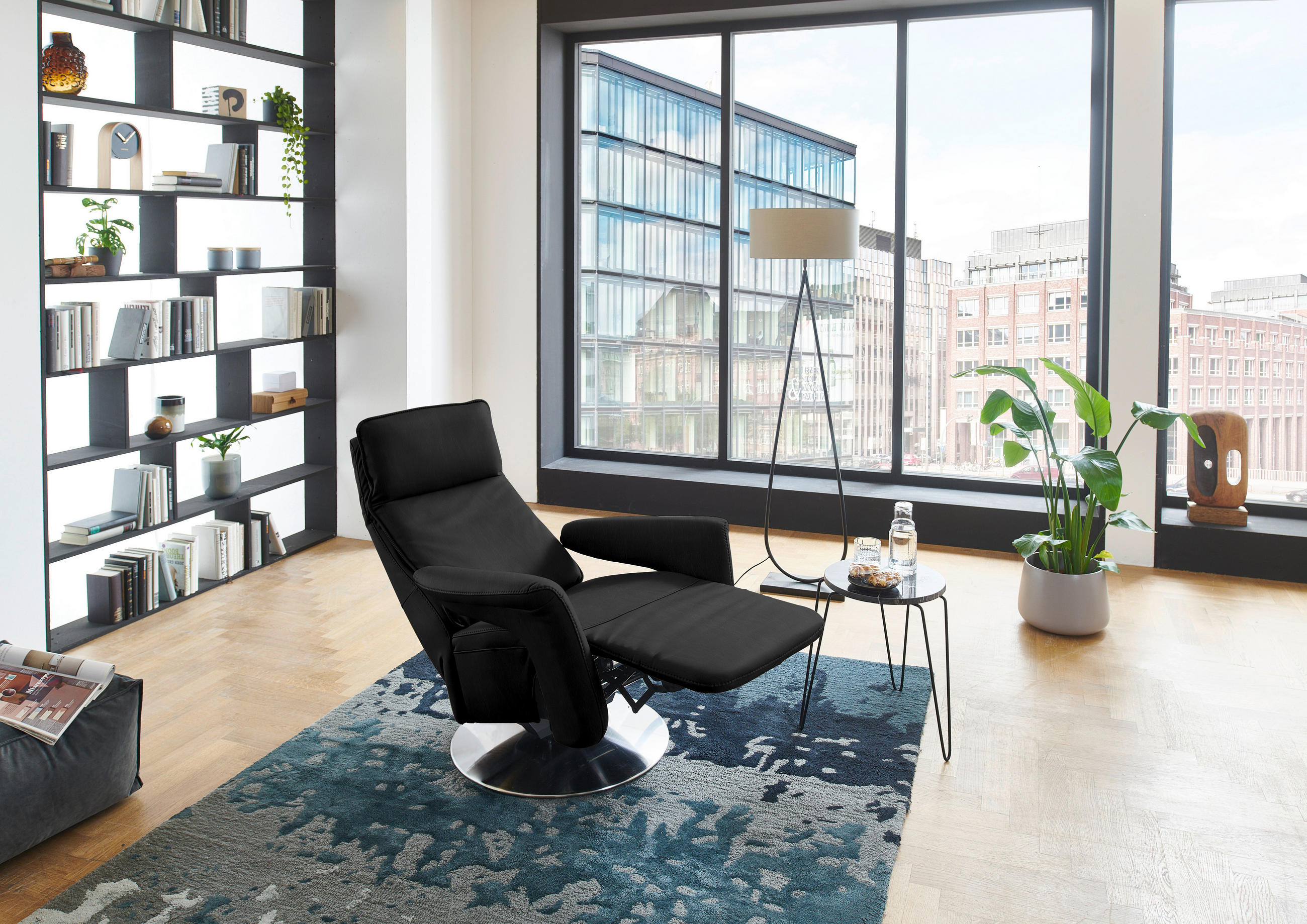 RELAXSESSEL in Leder Schwarz  - Edelstahlfarben/Schwarz, Design, Leder/Metall (83/112/87-174cm) - Valdera