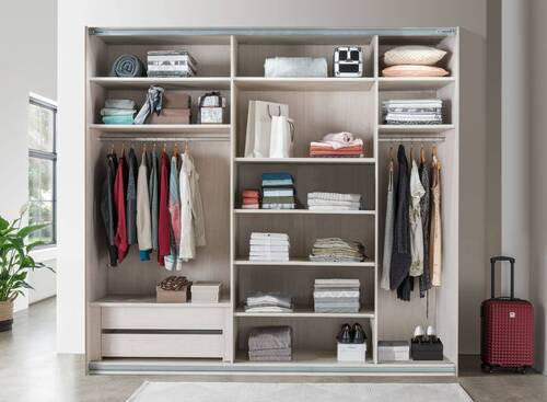 SCHWEBETÜRENSCHRANK  in Eiche Bianco  - Chromfarben/Eiche Bianco, KONVENTIONELL, Holzwerkstoff/Metall (250/236/67cm) - Voleo