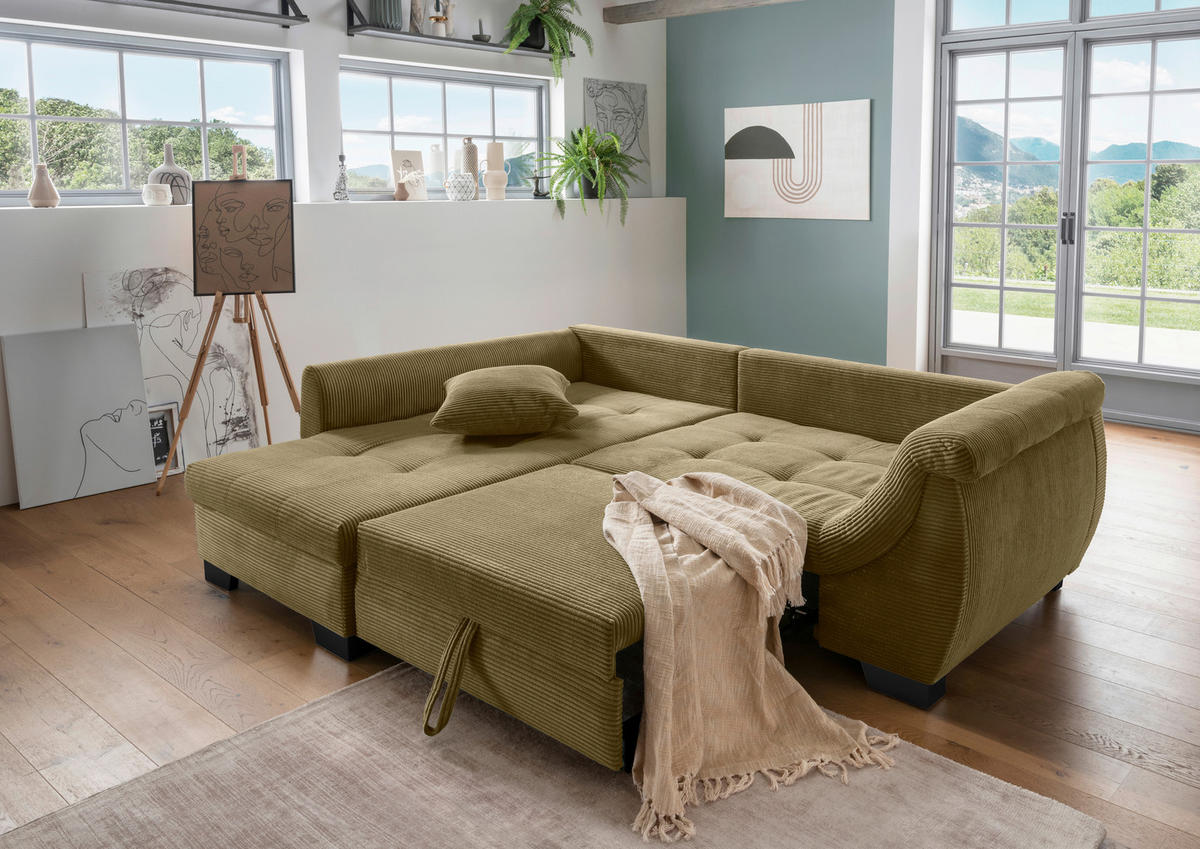 ECKSOFA in Cord Olivgrün  - Schwarz/Olivgrün, Design, Holz/Textil (190/250cm) - MID.YOU